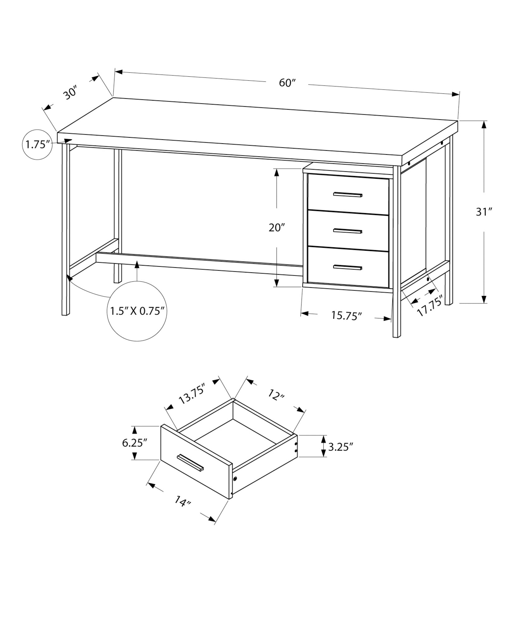 MN-817046    Computer Desk, Home Office, Laptop, Left, Right Set-Up, Storage Drawers, 60"L, Metal, Laminate, White, Grey, Contemporary, Modern