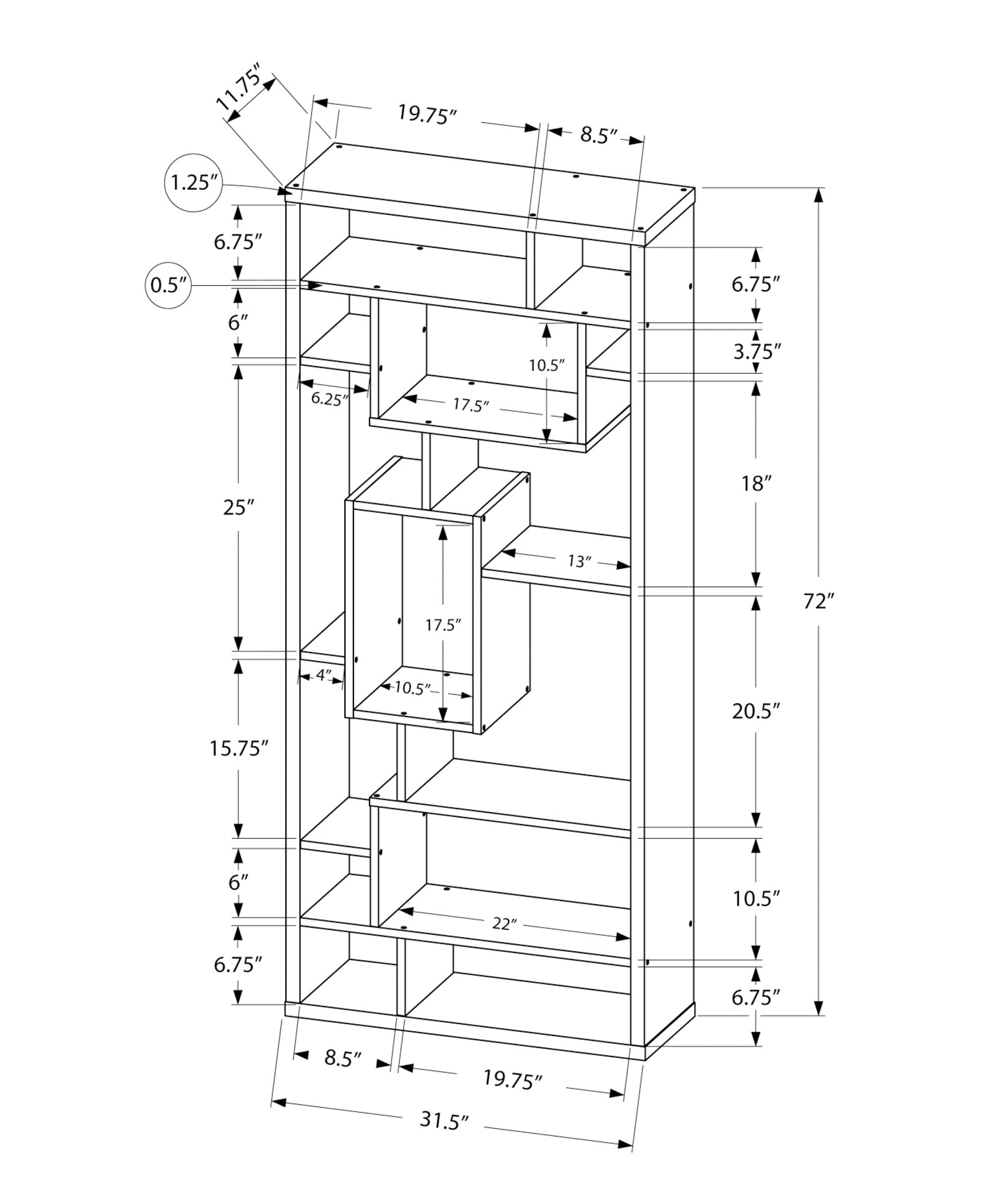 MN-917071    Bookshelf, Bookcase, Etagere, Office, Bedroom, 72"H, Laminate, White, Contemporary, Modern