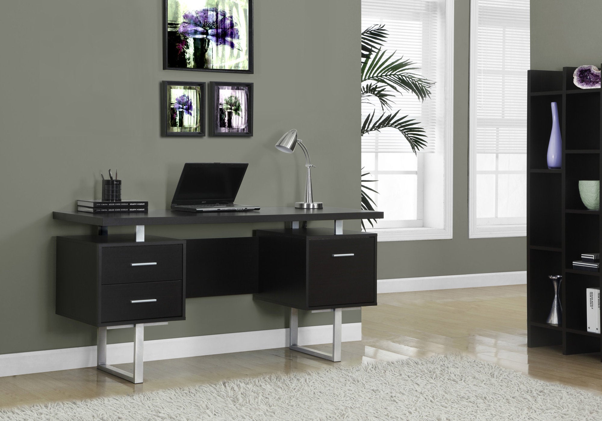 MN-937080    Computer Desk, Home Office, Laptop, Left, Right Set-Up, Storage Drawers, 60"L, Metal, Laminate, Dark Brown, Silver, Contemporary, Modern