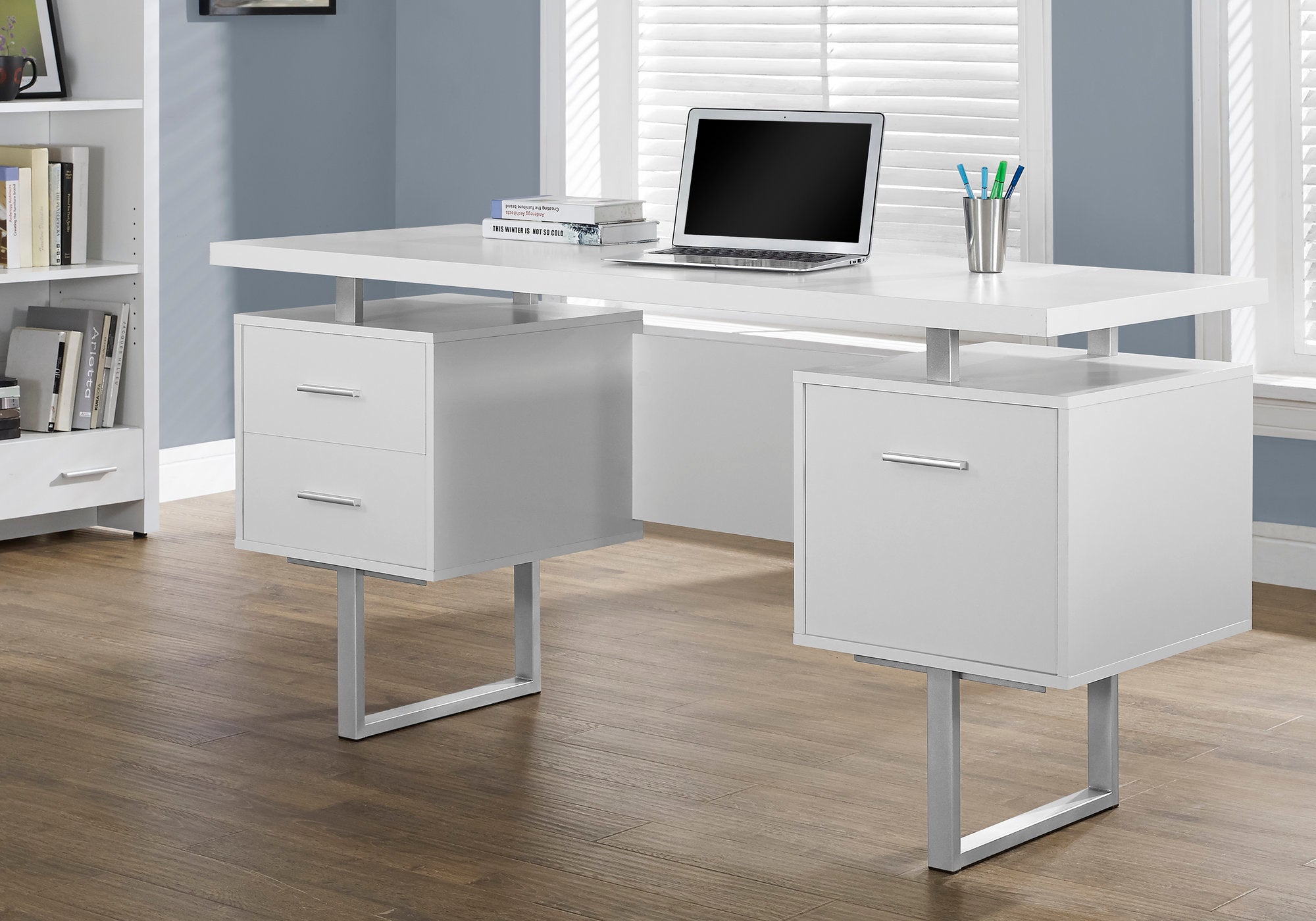 MN-947081    Computer Desk, Home Office, Laptop, Left, Right Set-Up, Storage Drawers, 60"L, Metal, Laminate, White, Grey, Contemporary, Modern