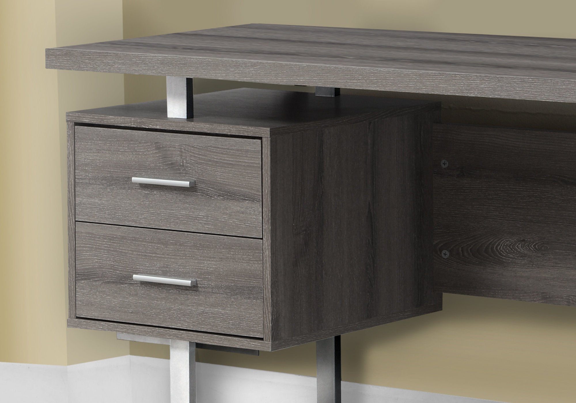 MN-957082    Computer Desk, Home Office, Laptop, Left, Right Set-Up, Storage Drawers, 60"L, Metal, Laminate, Dark Taupe, Silver, Contemporary, Modern