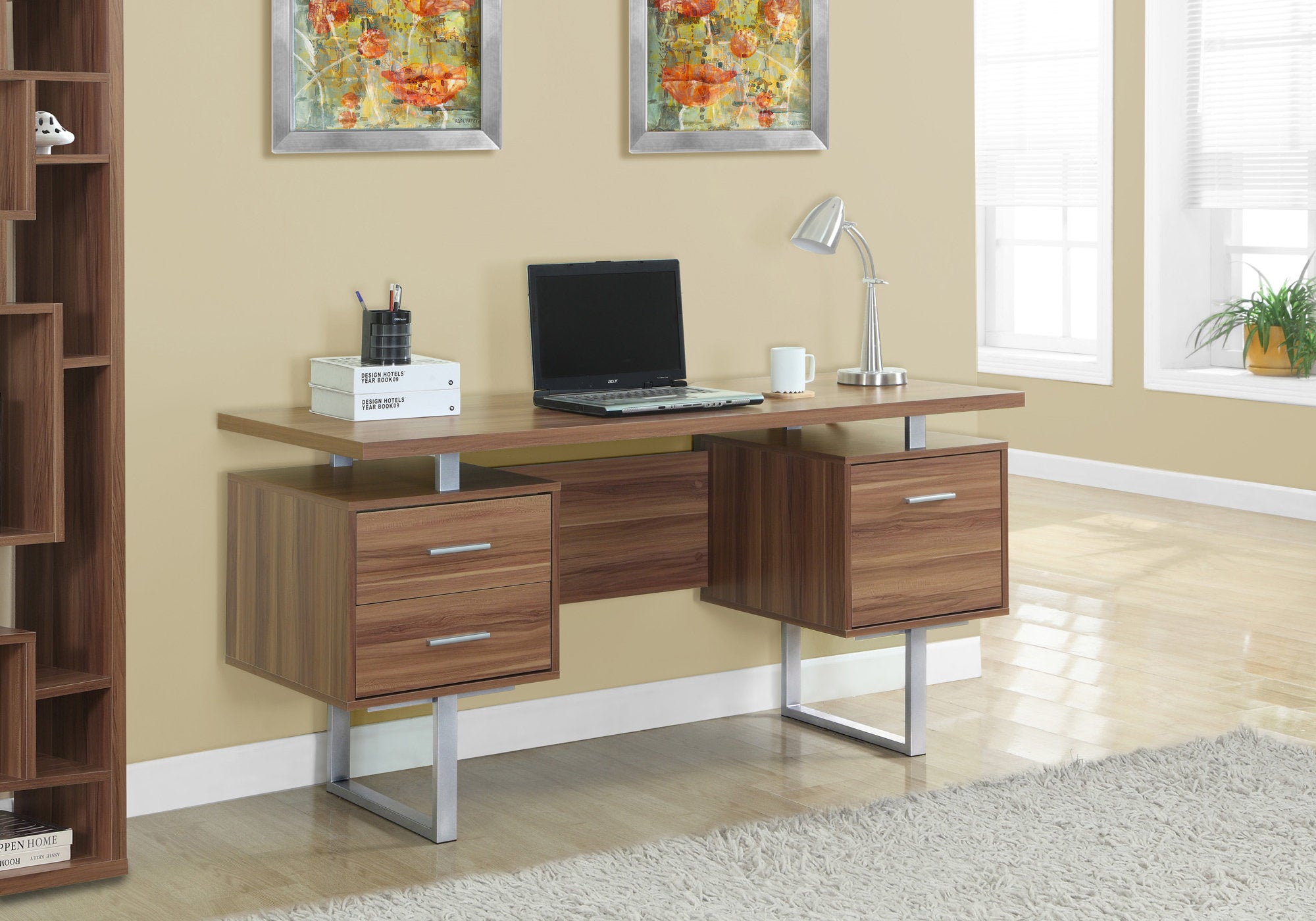 MN-967083    Computer Desk, Home Office, Laptop, Left, Right Set-Up, Storage Drawers, 60"L, Metal, Laminate, Walnut, Silver, Contemporary, Modern
