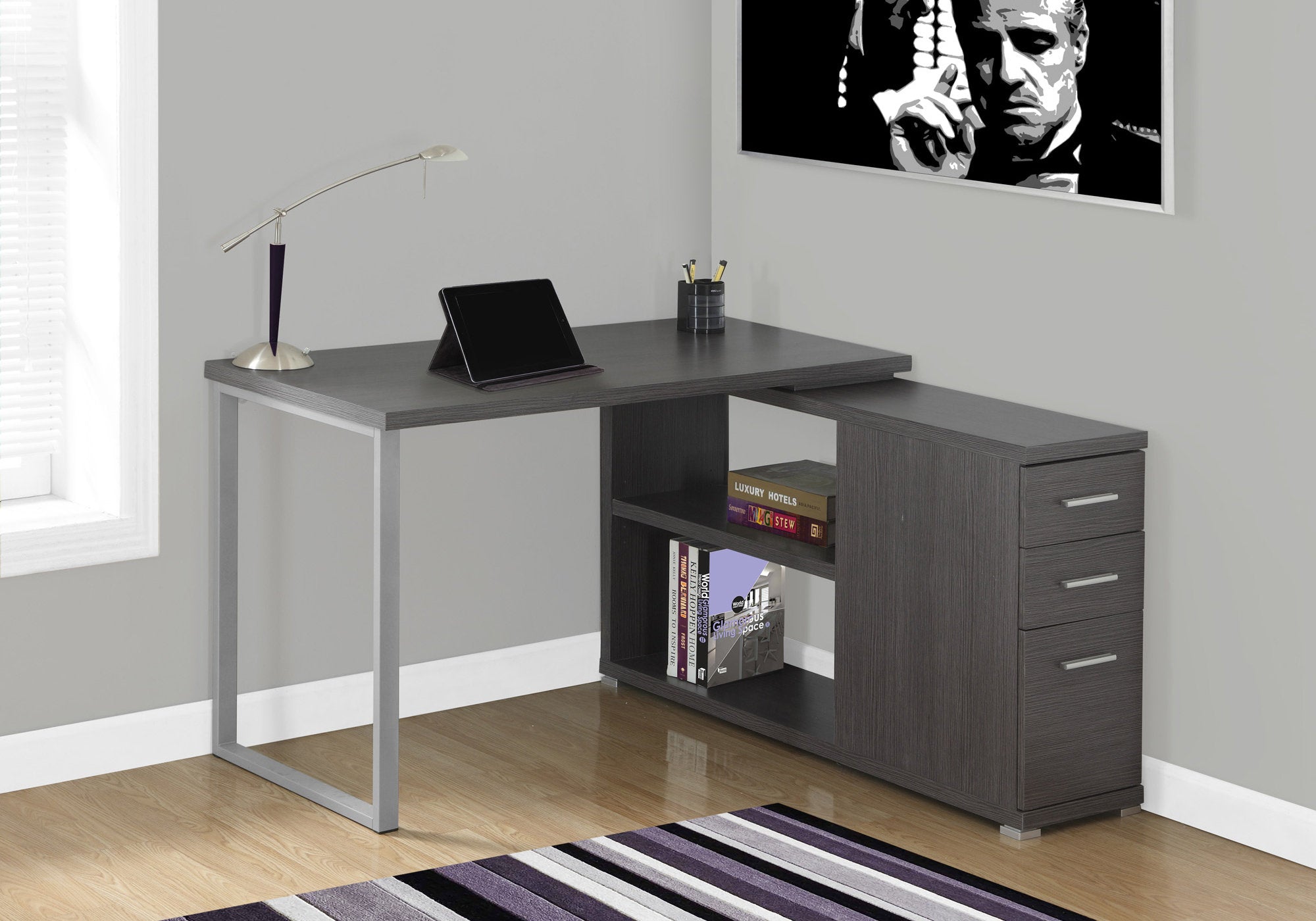 MN-157135    Computer Desk, Home Office, Corner, Left, Right Set-Up, Storage Drawers, L Shape, Metal, Laminate, Grey, Silver, Contemporary, Modern