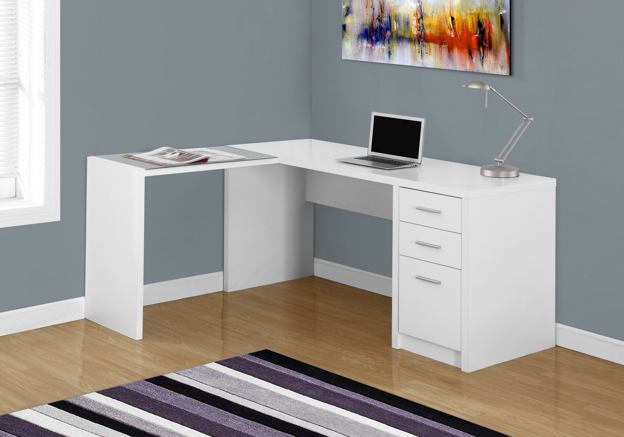 MN-167136    Computer Desk, Home Office, Corner, Left, Right Set-Up, Storage Drawers, L Shape, Laminate, Tempered Glass, White, Contemporary, Modern