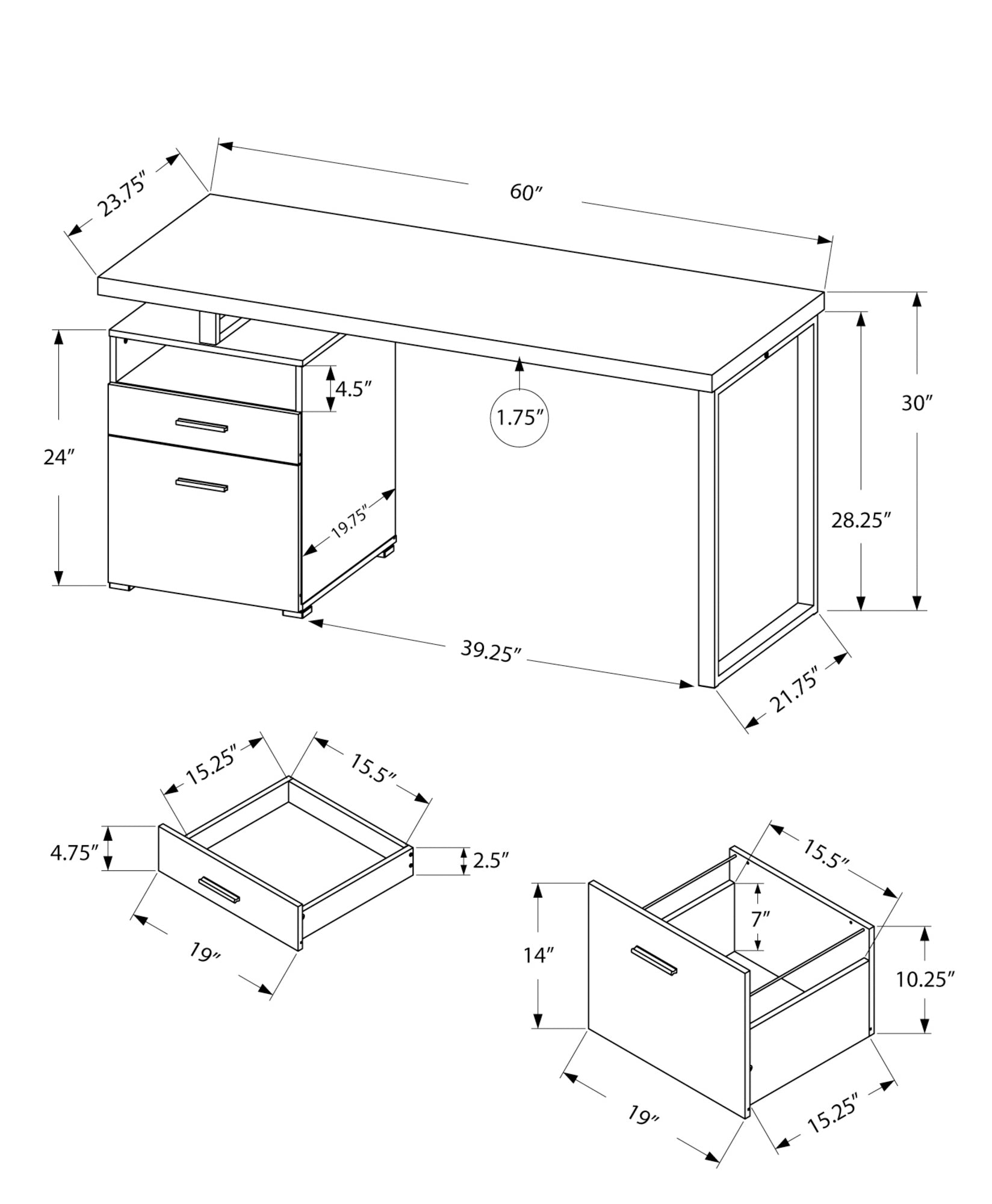 MN-197144    Computer Desk, Home Office, Laptop, Left, Right Set-Up, Storage Drawers, 60"L, Metal, Laminate, White, Contemporary, Modern