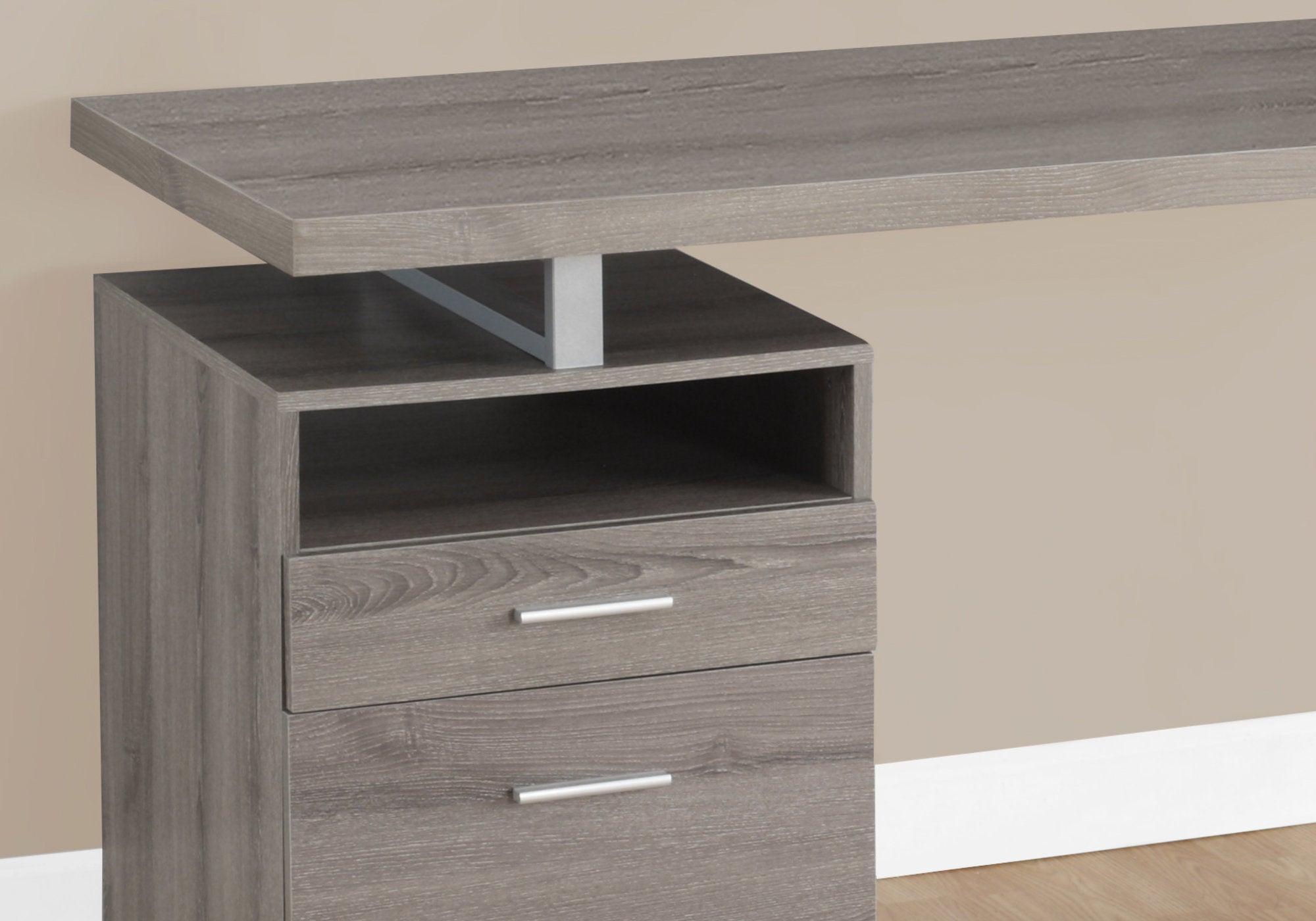 MN-207145    Computer Desk, Home Office, Laptop, Left, Right Set-Up, Storage Drawers, 60"L, Metal, Laminate, Dark Taupe, Silver, Contemporary, Modern