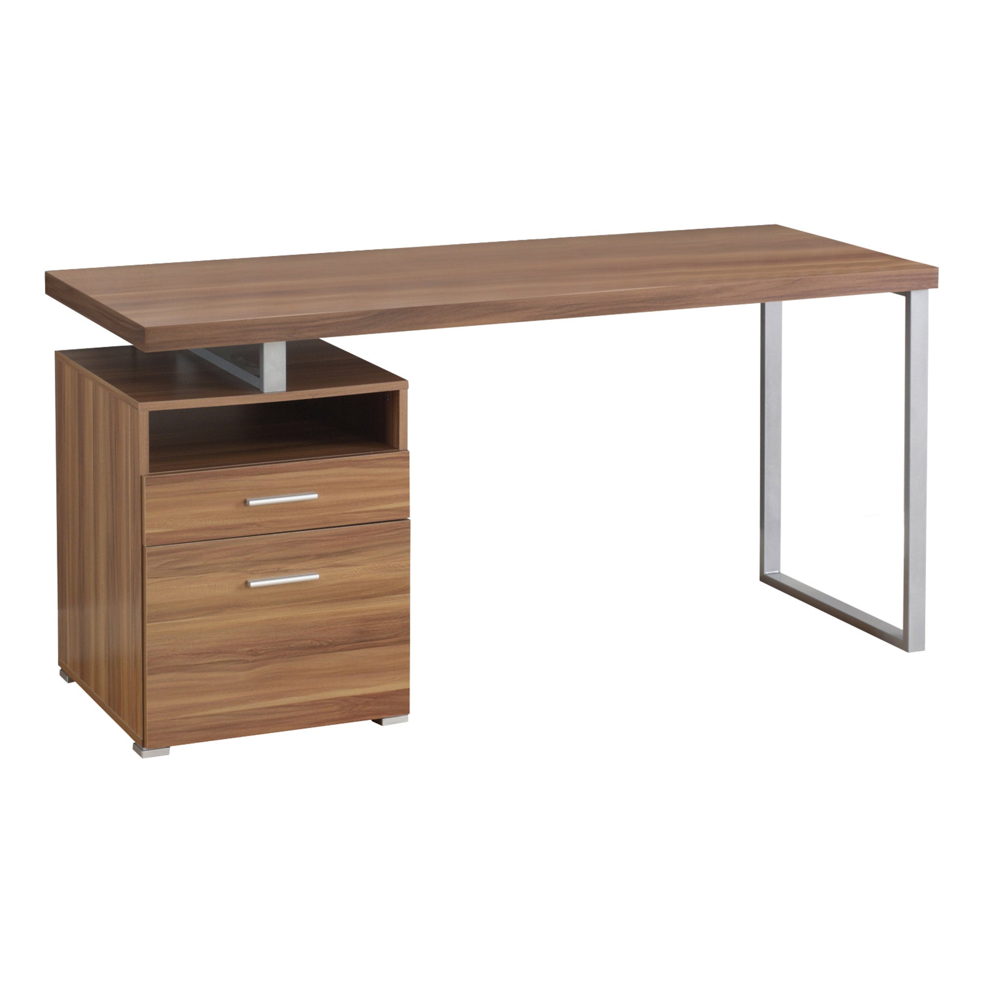 MN-217146    Computer Desk, Home Office, Laptop, Left, Right Set-Up, Storage Drawers, 60"L, Metal, Laminate, Walnut, Silver, Contemporary, Modern