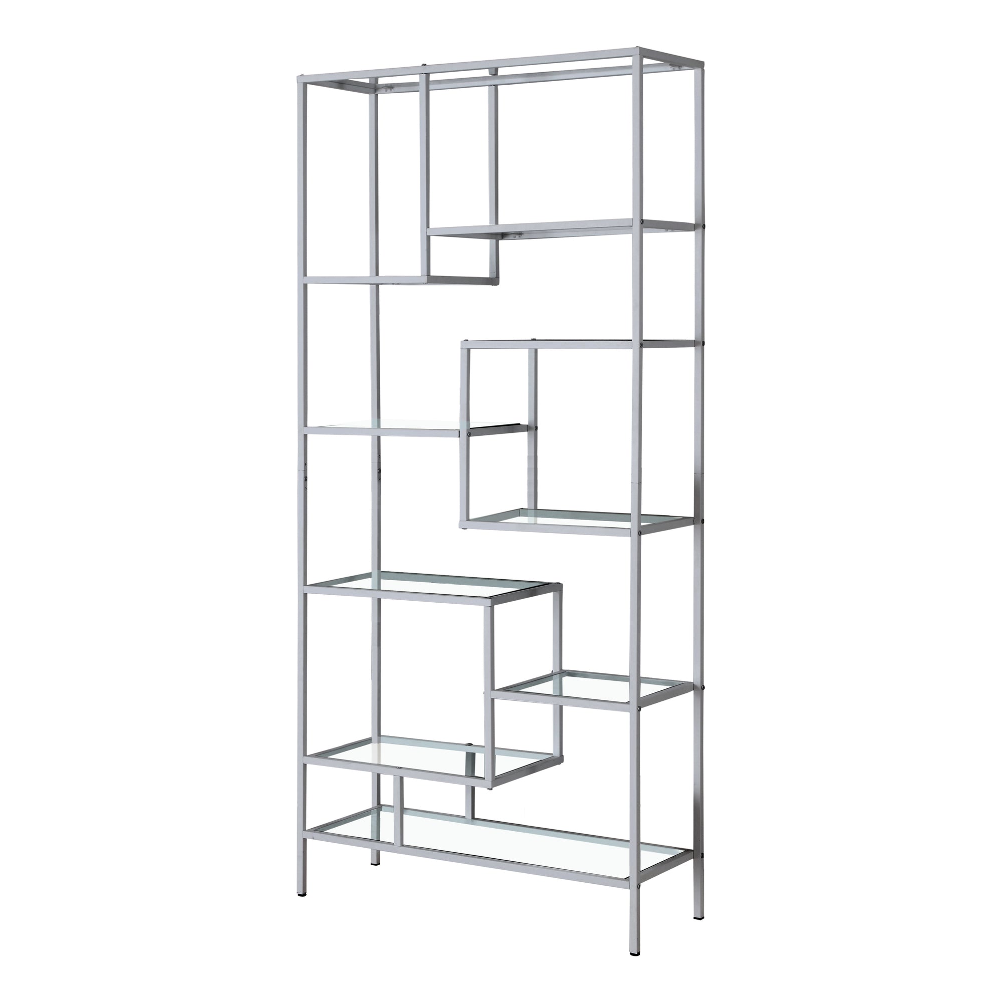 MN-277158    Bookshelf, Bookcase, Etagere, Office, Bedroom, 72"H, Metal, Tempered Glass, Grey, Contemporary, Modern
