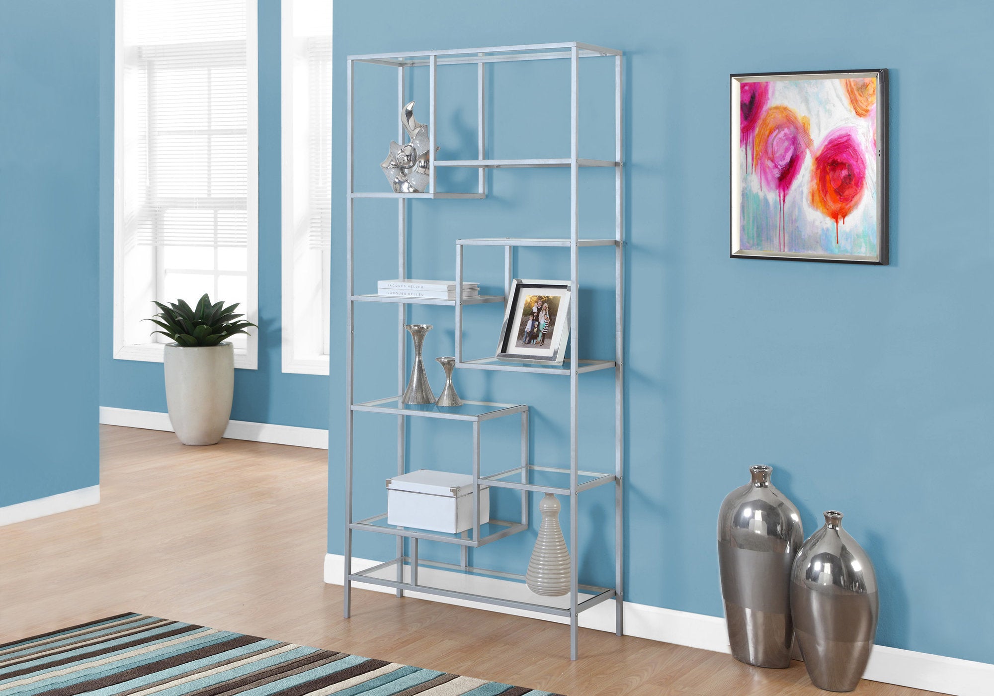 MN-277158    Bookshelf, Bookcase, Etagere, Office, Bedroom, 72"H, Metal, Tempered Glass, Grey, Contemporary, Modern