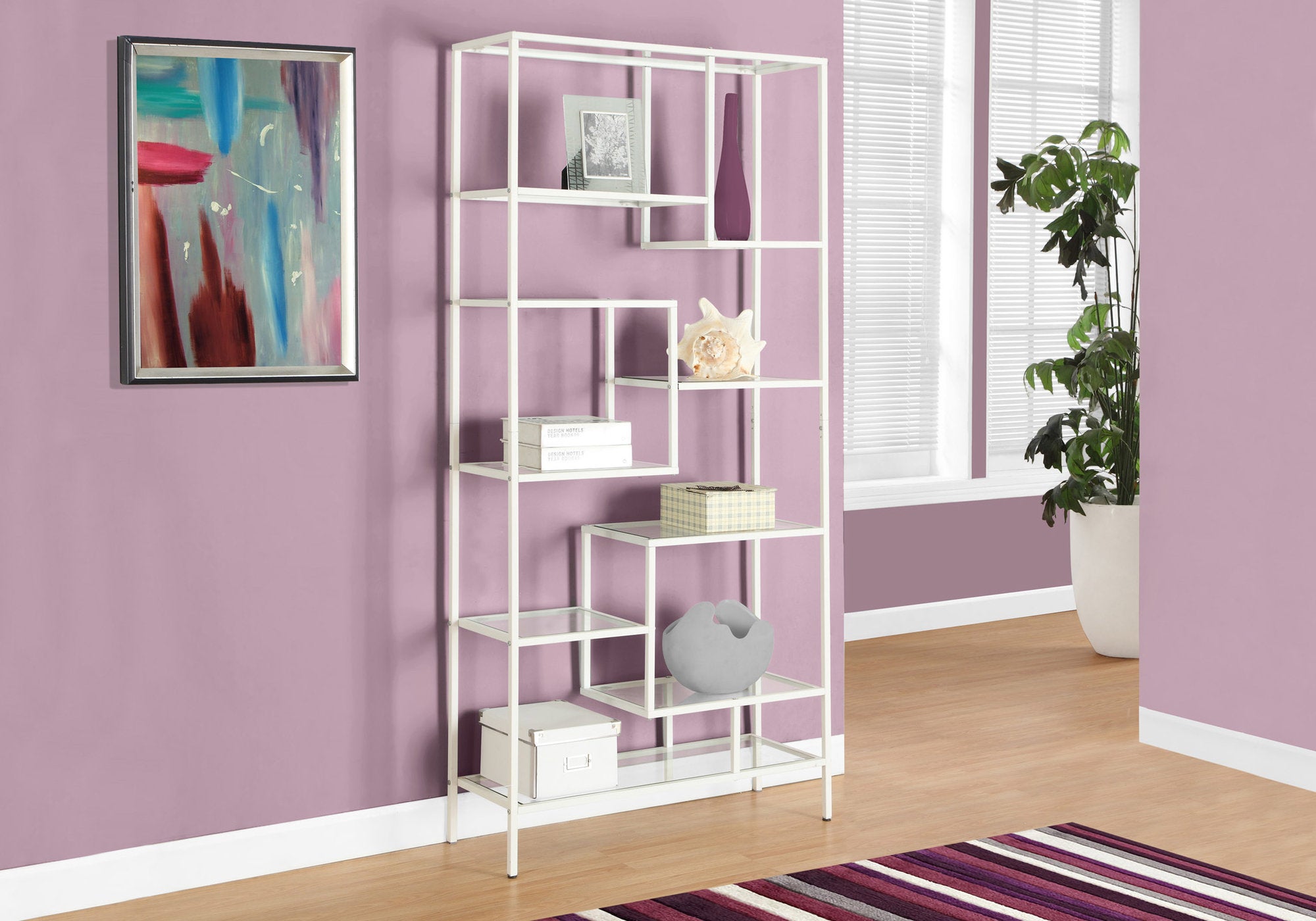 MN-287159    Bookshelf, Bookcase, Etagere, Office, Bedroom, 72"H, Metal, Tempered Glass, White, Contemporary, Modern