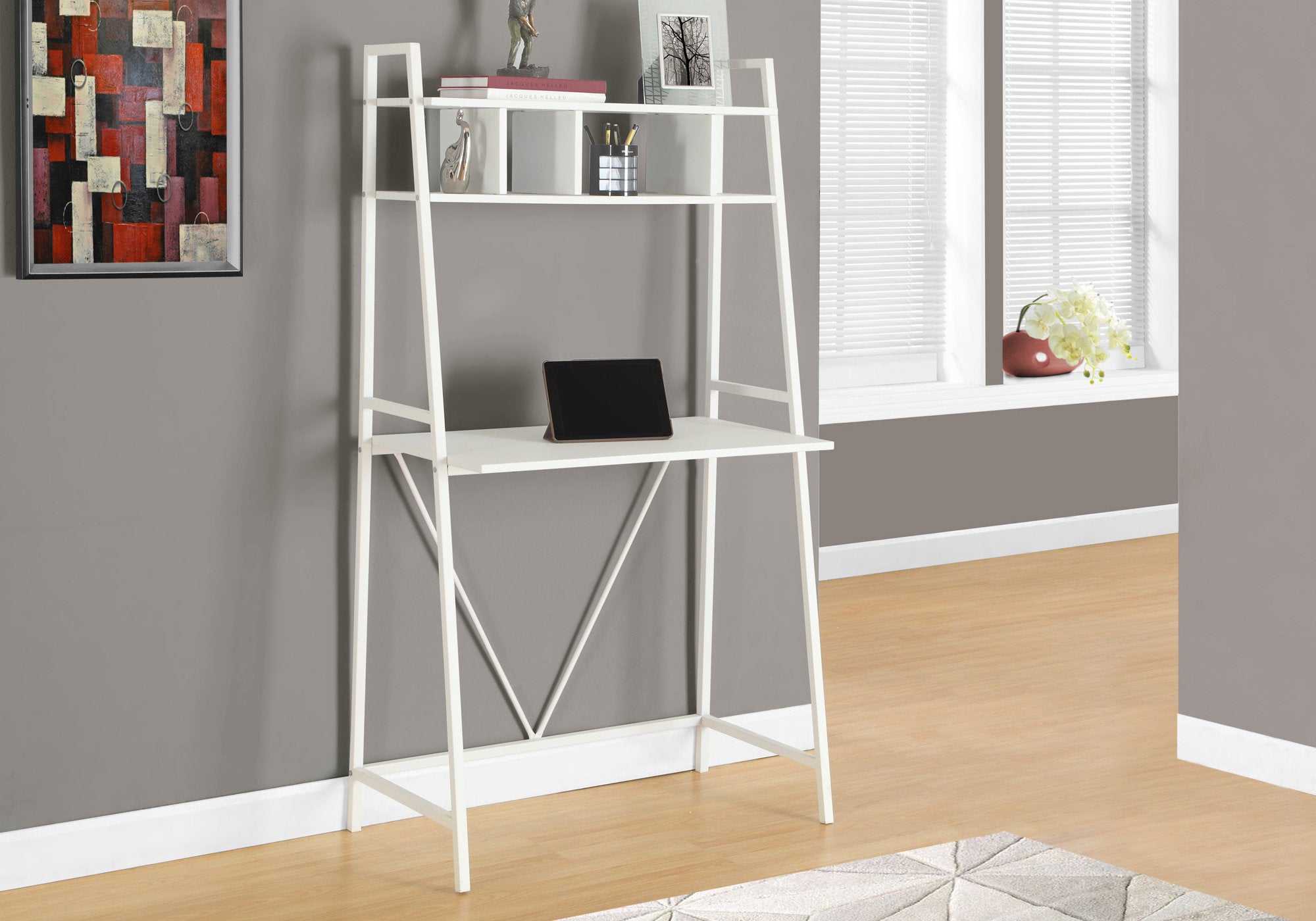 MN-327163    Computer Desk, Home Office, Laptop, Leaning, Storage Shelves, Metal, White, White, Contemporary, Modern