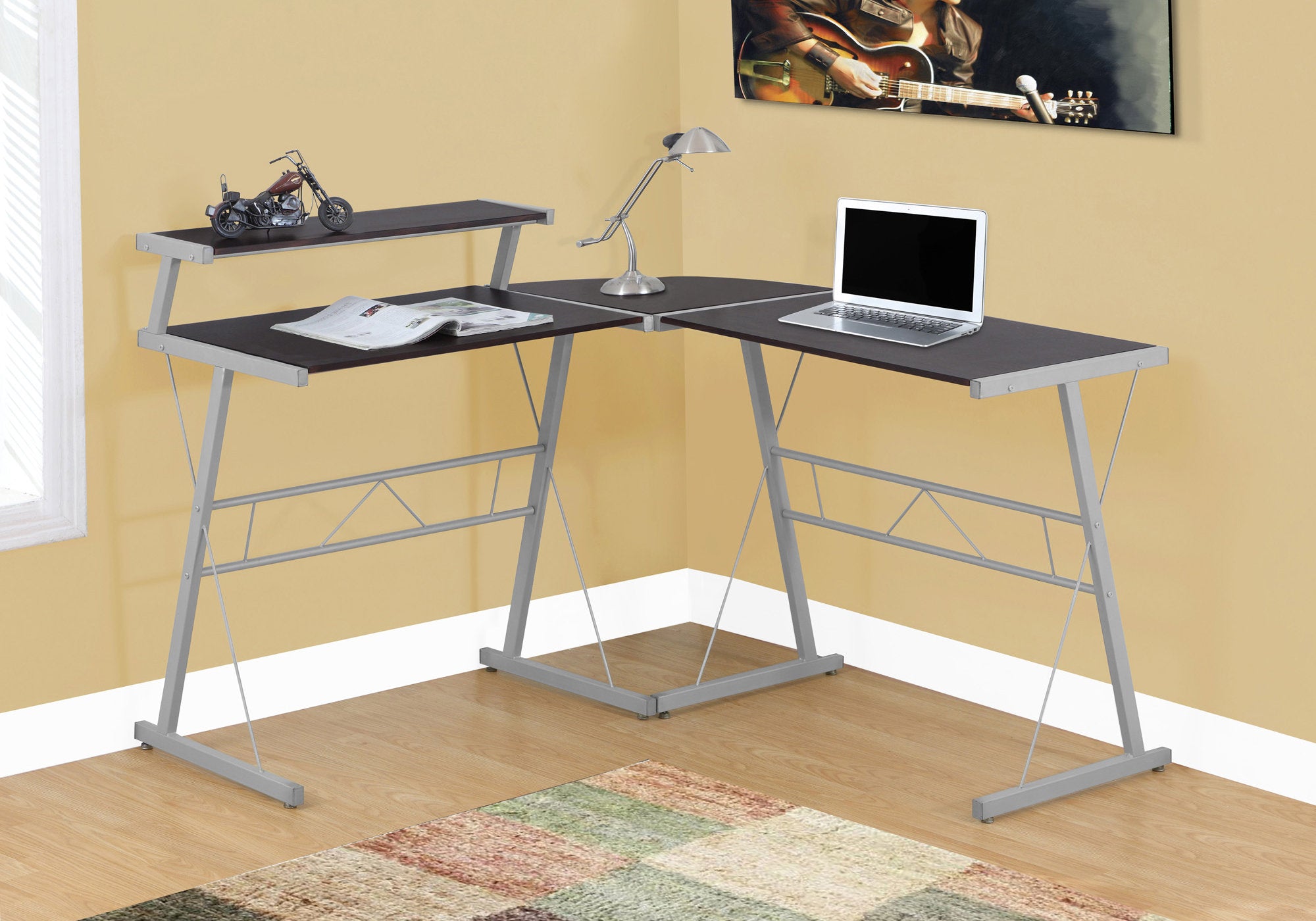 MN-357171    Computer Desk, Home Office, Corner, L Shape, Metal, Laminate, Dark Brown, Silver, Contemporary, Modern