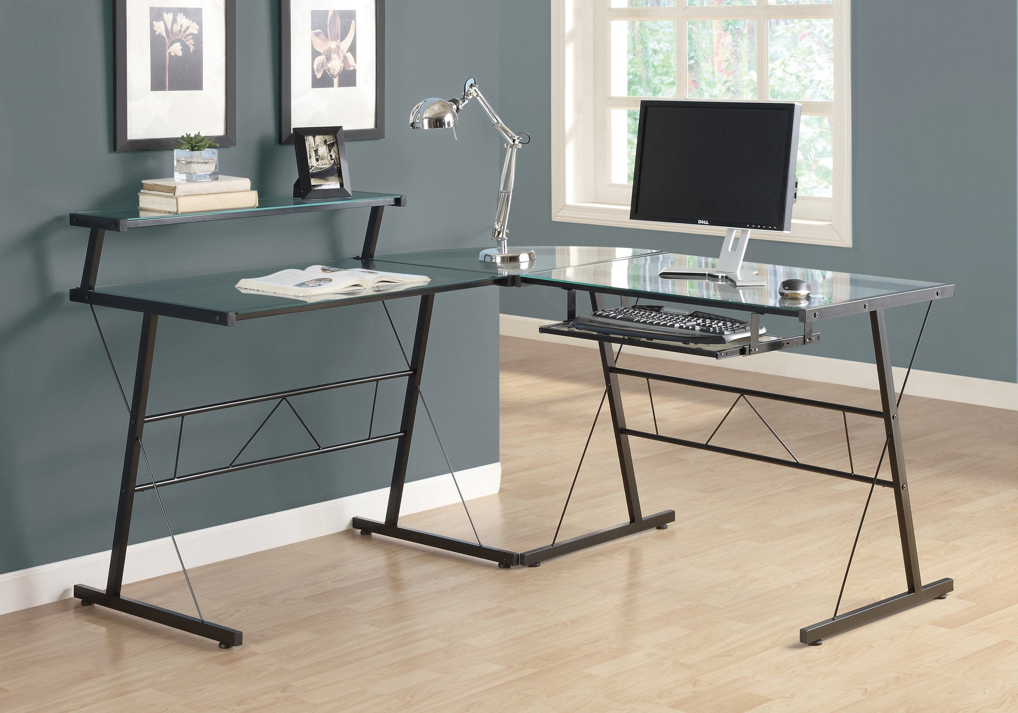 MN-367172    Computer Desk, Home Office, Corner, Tempered Glass, L Shape, Metal, Tempered Glass, Black, Clear, Contemporary, Modern