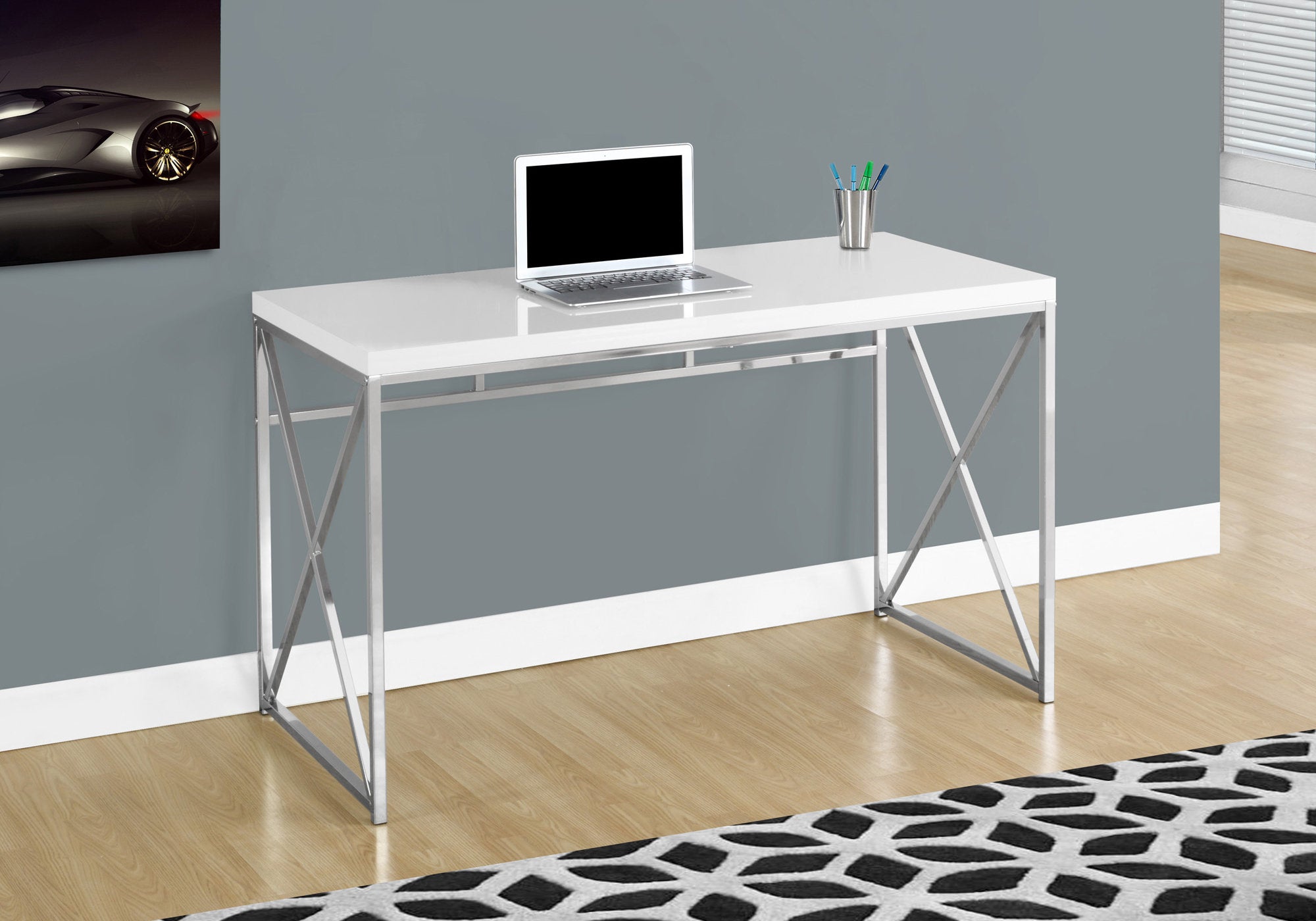 MN-457205    Computer Desk, Home Office, Laptop, Storage Drawers, Metal, Laminate, Glossy White, Chrome, Contemporary, Modern