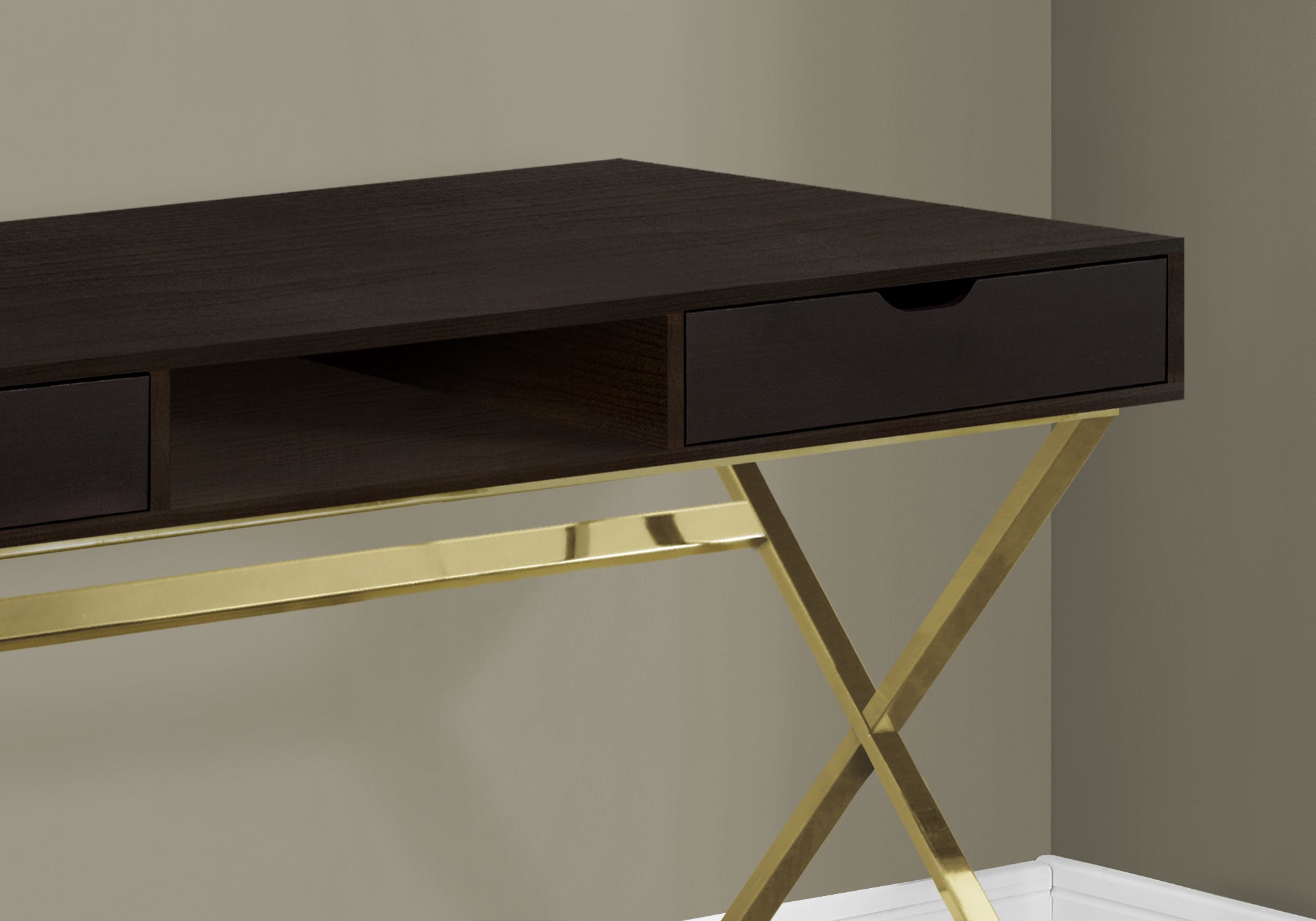 MN-477210    Computer Desk, Home Office, Laptop, Storage Drawers, 48"L, Metal, Laminate, Dark Brown, Gold, Contemporary, Modern