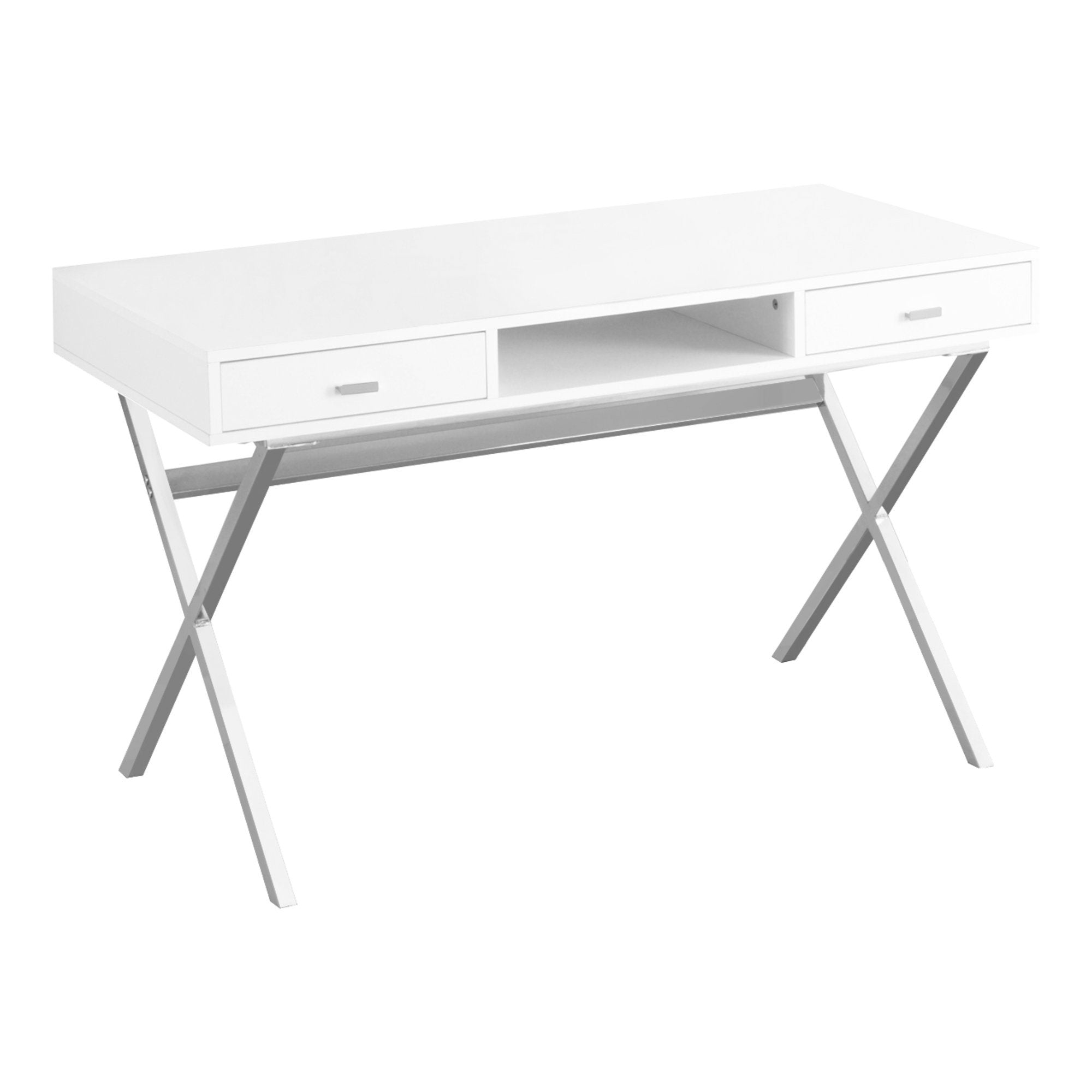 MN-487211    Computer Desk, Home Office, Laptop, Storage Drawers, 48"L, Metal, Laminate, Glossy White, Chrome, Contemporary, Modern