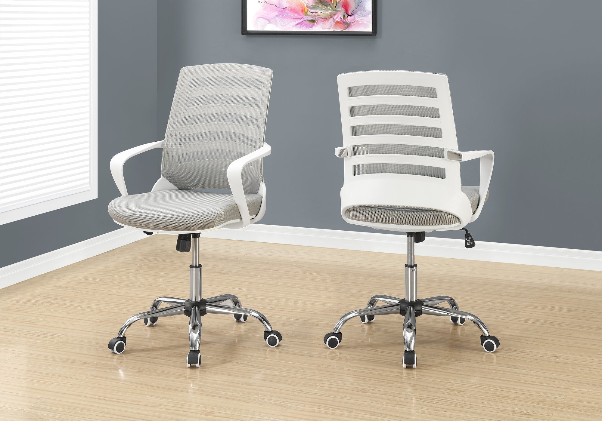 MN-557225    Office Chair, Adjustable Height, Swivel, Ergonomic, Armrests, Computer Desk, Office, Metal Base, Mesh, White, Grey, Chrome, Contemporary, Modern