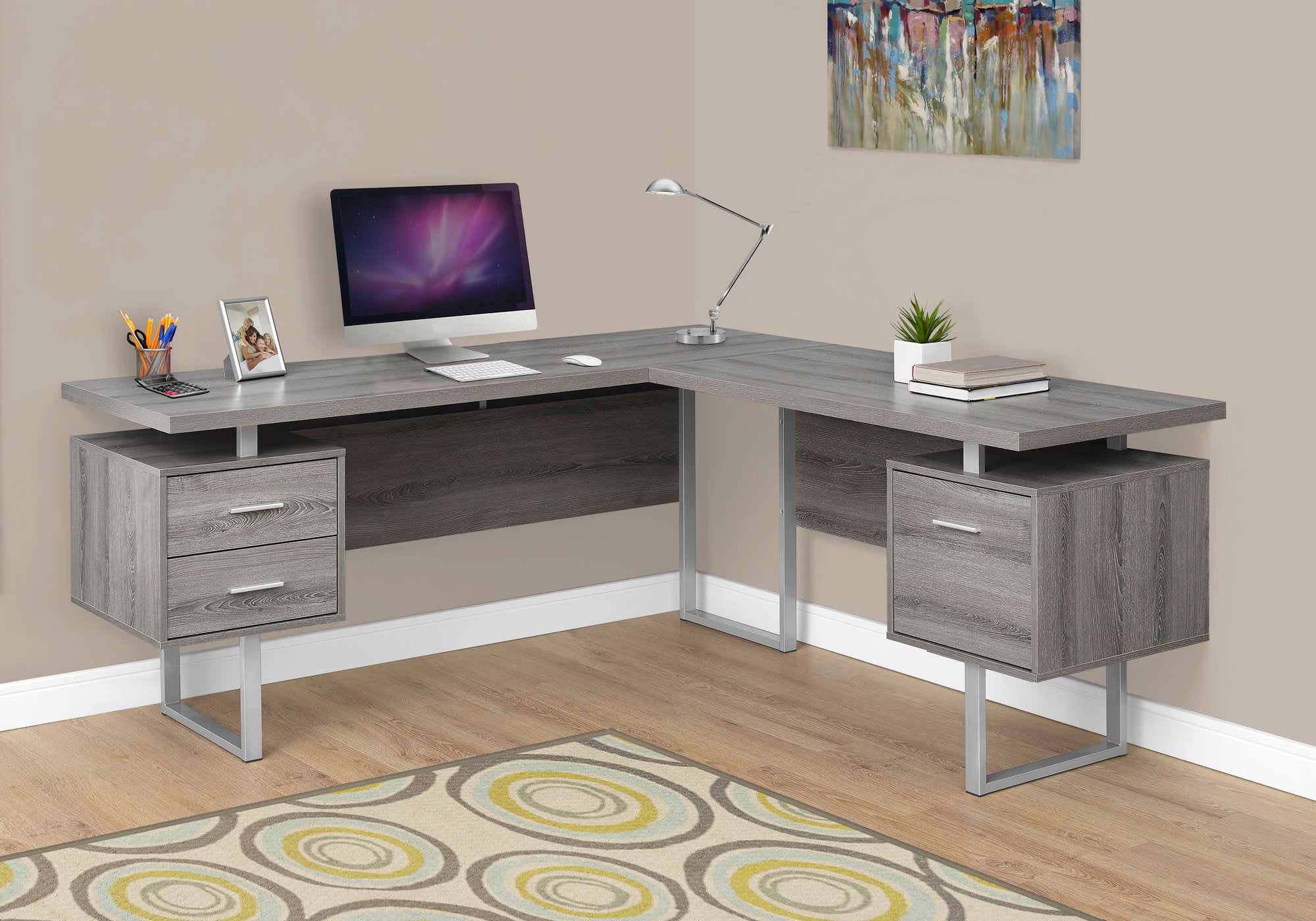 MN-977304    Computer Desk, Home Office, Corner, Left, Right Set-Up, Storage Drawers, 70"L, L Shape, Metal, Laminate, Dark Taupe, Grey, Contemporary, Modern