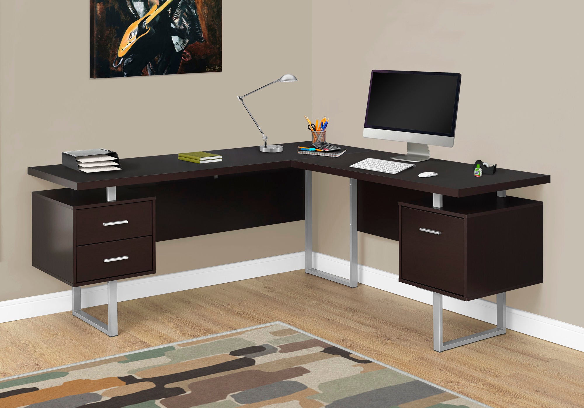 MN-987305    Computer Desk, Home Office, Corner, Left, Right Set-Up, Storage Drawers, 70"L, L Shape, Metal, Laminate, Dark Brown, Silver, Contemporary, Modern