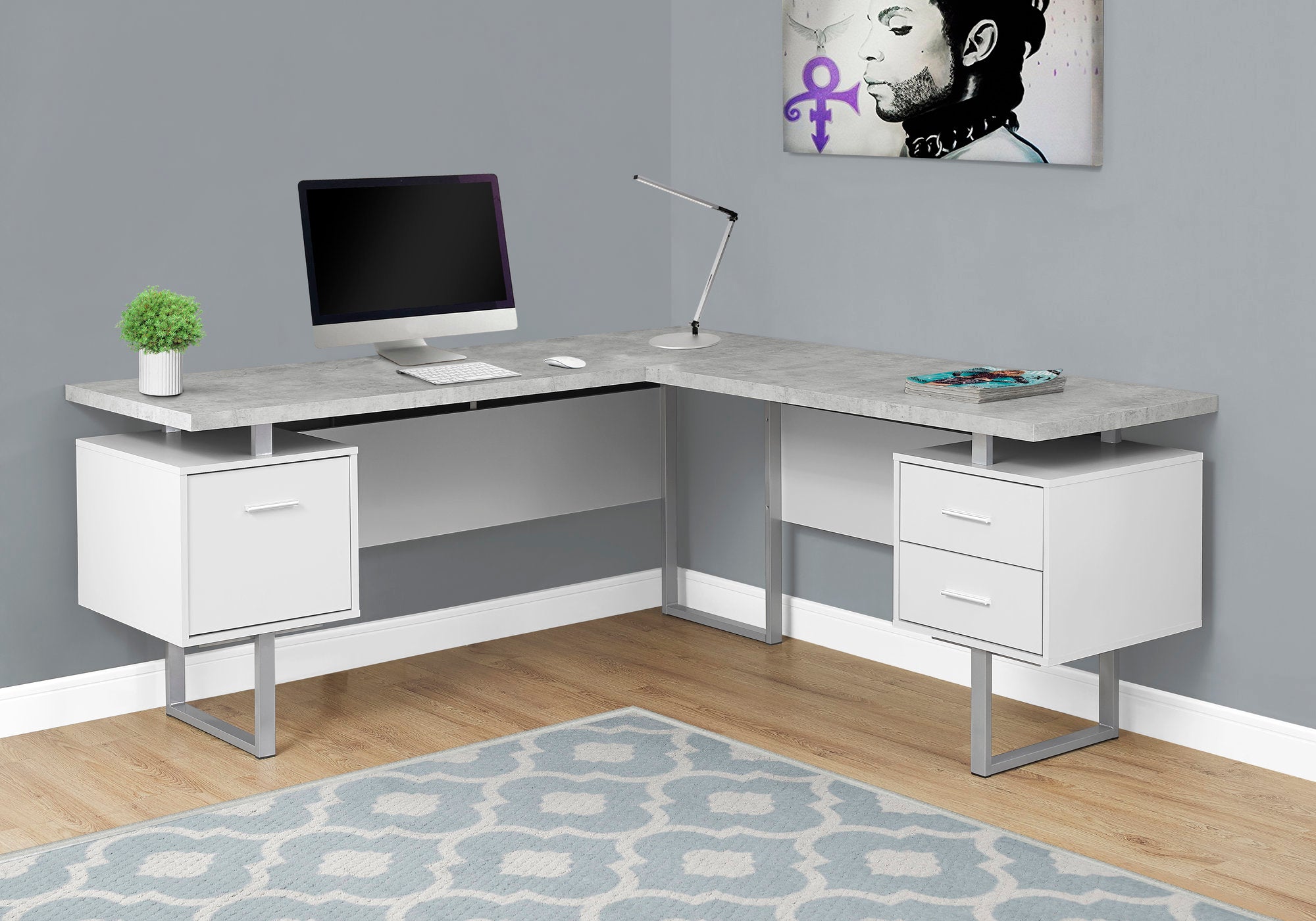 MN-107307    Computer Desk, Home Office, Corner, Left, Right Set-Up, Storage Drawers, 70"L, L Shape, Metal, Laminate, Grey Cement Look, Grey, Contemporary, Modern