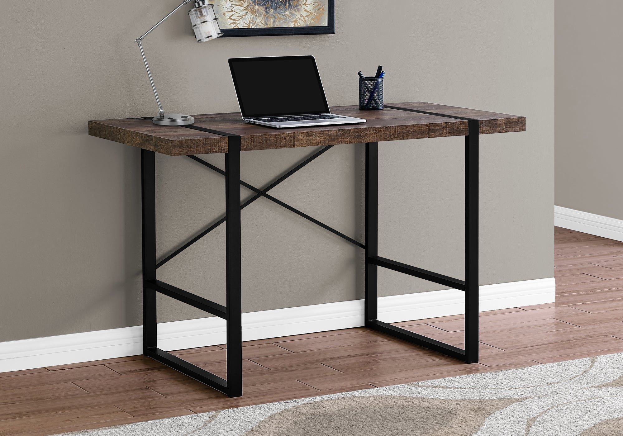 MN-157314    Computer Desk, Home Office, Laptop, 48"L, Metal, Laminate, Brown Reclaimed Wood Look, Black, Contemporary, Modern