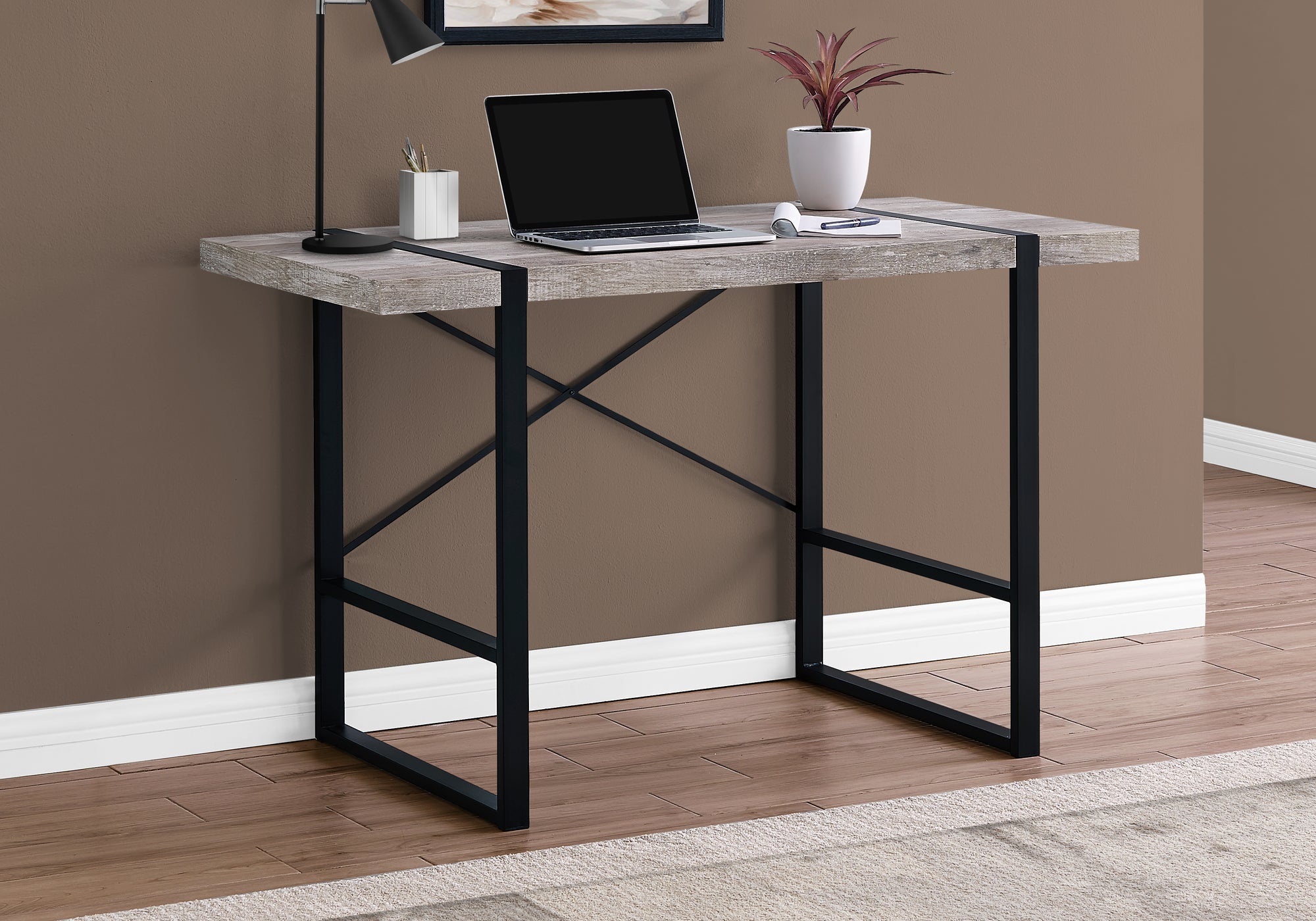 MN-167315    Computer Desk, Home Office, Laptop, 48"L, Metal, Laminate, Taupe Reclaimed Wood Look, Black, Contemporary, Modern