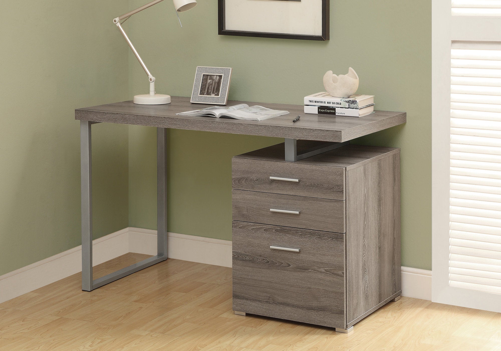 MN-257326    Computer Desk, Home Office, Laptop, Left, Right Set-Up, Storage Drawers, 48"L, Metal, Laminate, Dark Taupe, Contemporary, Modern