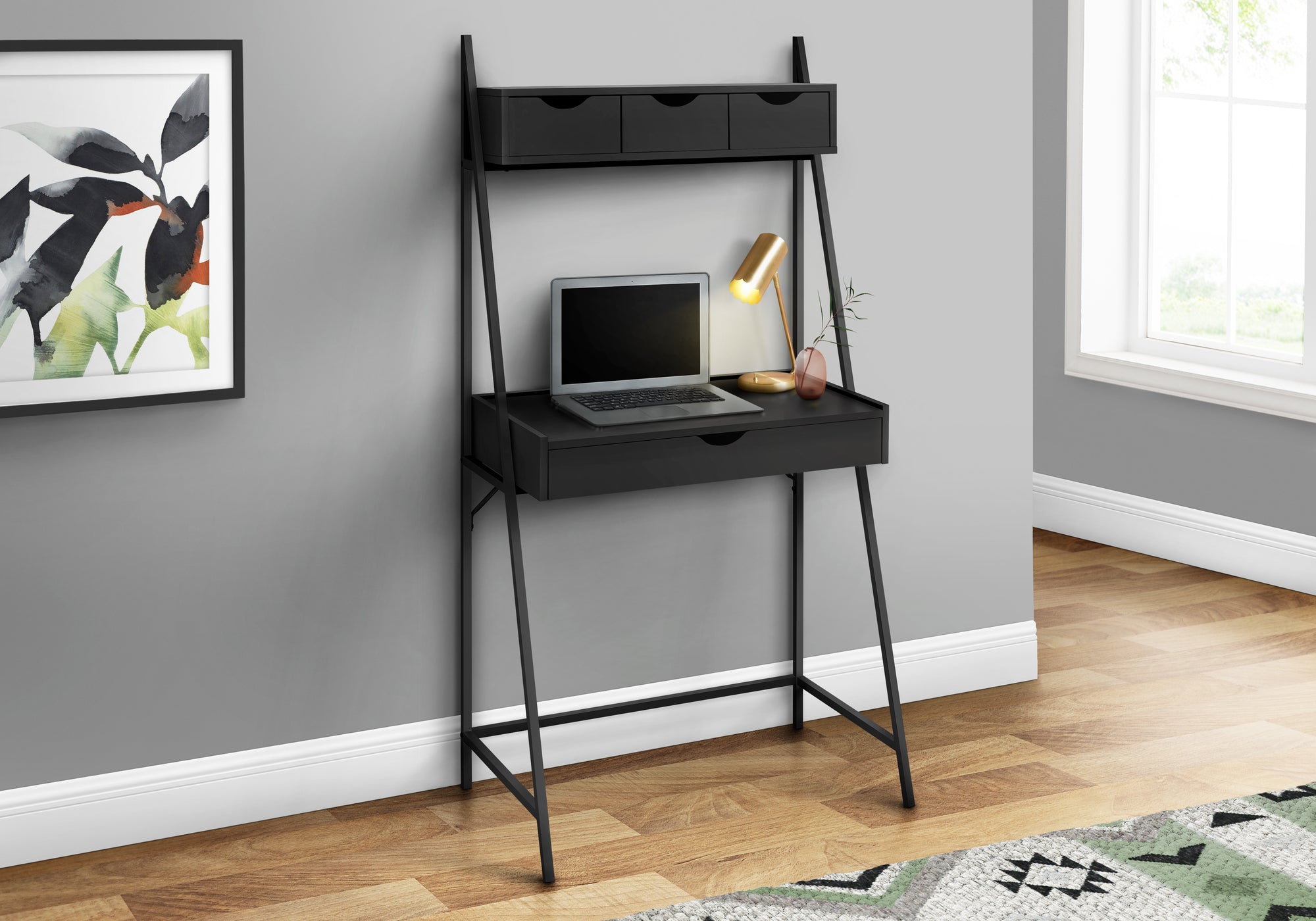 MN-297330    Computer Desk, Home Office, Laptop, Leaning, Storage Drawers, 32"L, Metal, Laminate, Black, Contemporary, Modern