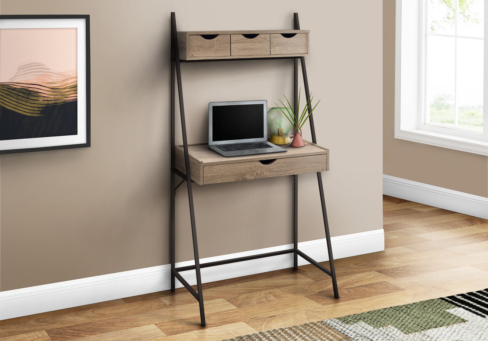 MN-317332    Computer Desk, Home Office, Laptop, Leaning, Storage Drawers, 32"L, Metal, Laminate, Dark Taupe, Black, Contemporary, Modern