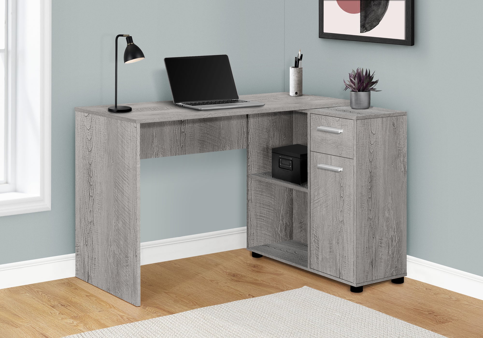 MN-377346    Computer Desk, Home Office, Corner, Storage Drawers, 46"L, L Shape, Laminate, Industrial Grey, Contemporary, Modern