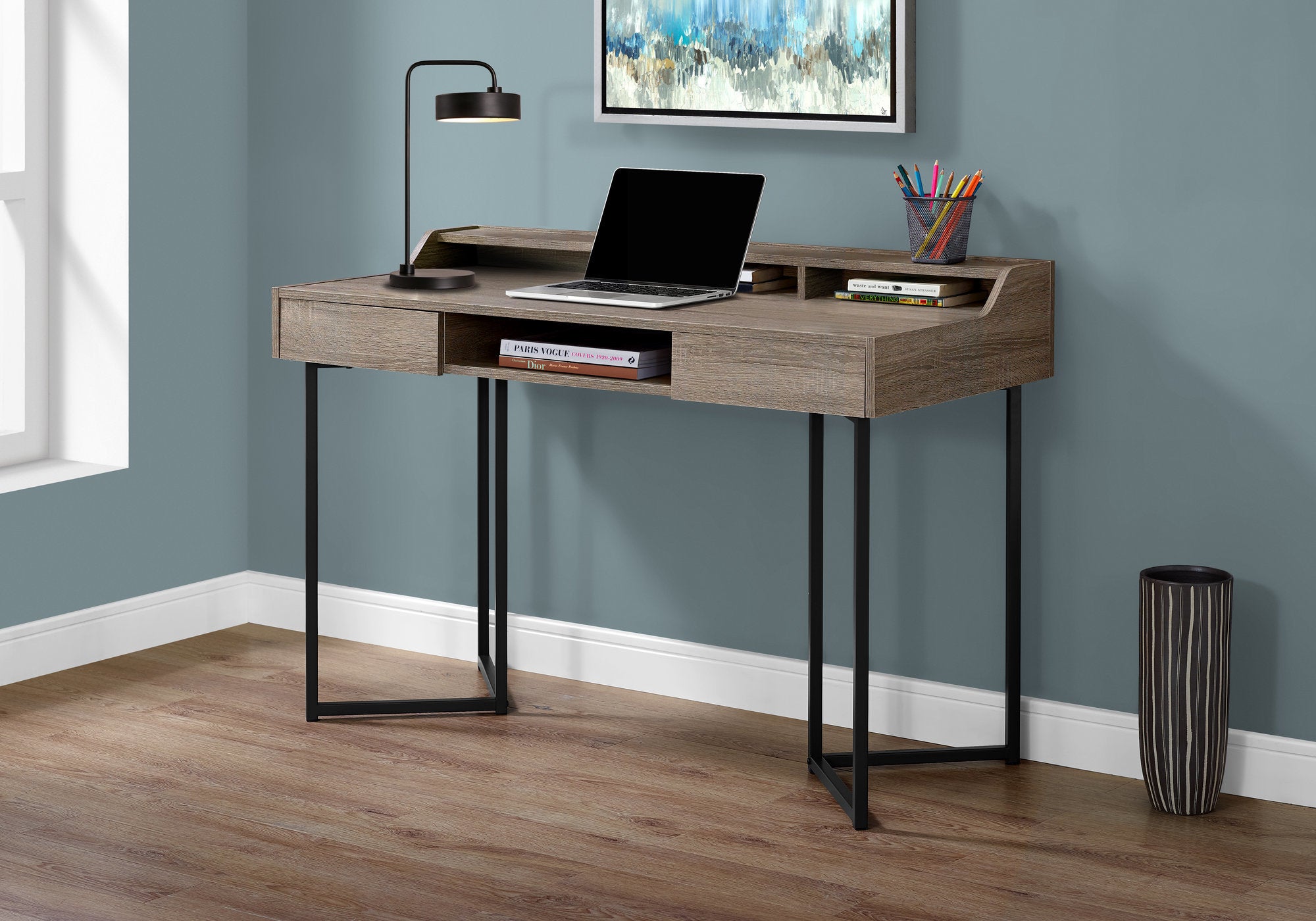 MN-427360    Computer Desk, Home Office, Laptop, Storage Drawers, 48"L, Metal, Laminate, Dark Taupe, Black, Contemporary, Modern