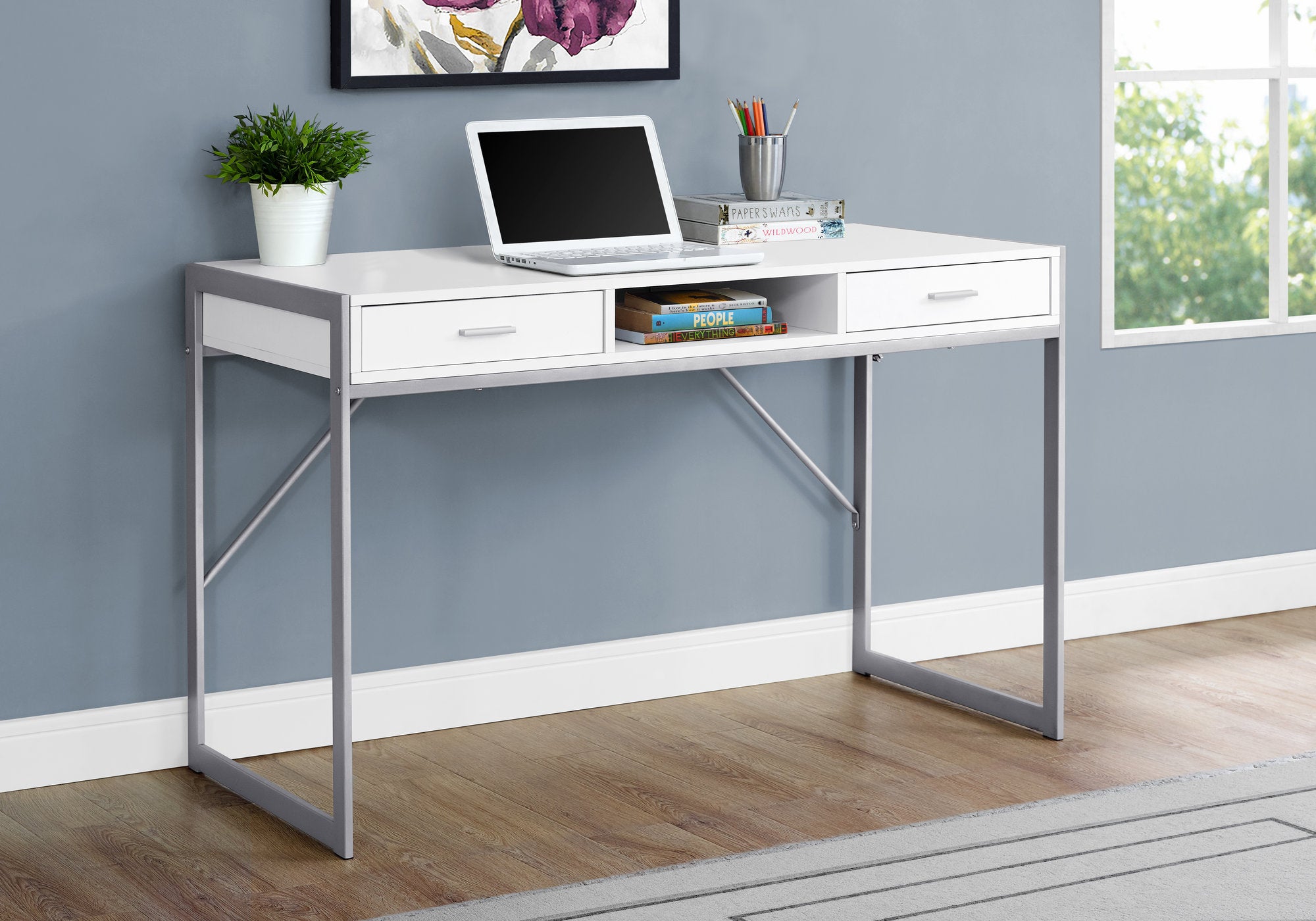 MN-447364    Computer Desk, Home Office, Laptop, Storage Drawers, 48"L, Metal, Laminate, White, Grey, Contemporary, Modern