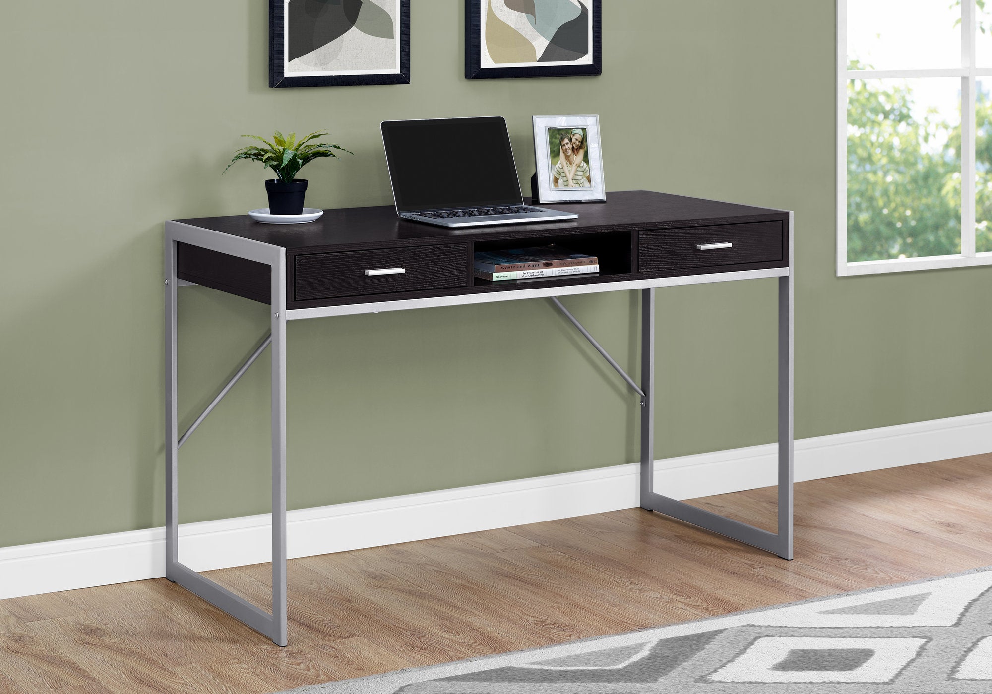 MN-467366    Computer Desk, Home Office, Laptop, Storage Drawers, 48"L, Metal, Laminate, Dark Brown, Silver, Contemporary, Modern