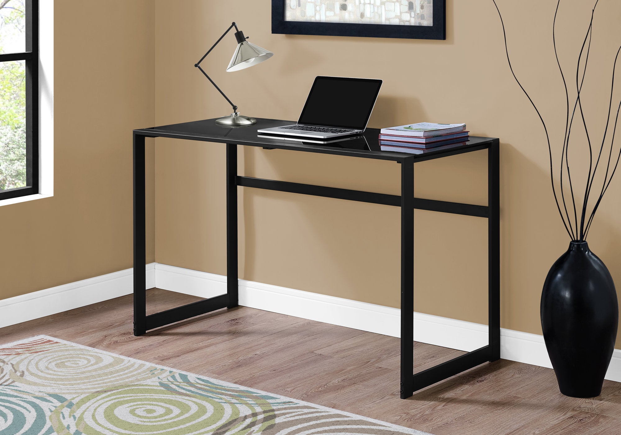 MN-547379    Computer Desk, Home Office, Laptop, Tempered Glass, 48"L, Metal, Tempered Glass, Black, Black Tinted, Contemporary, Modern