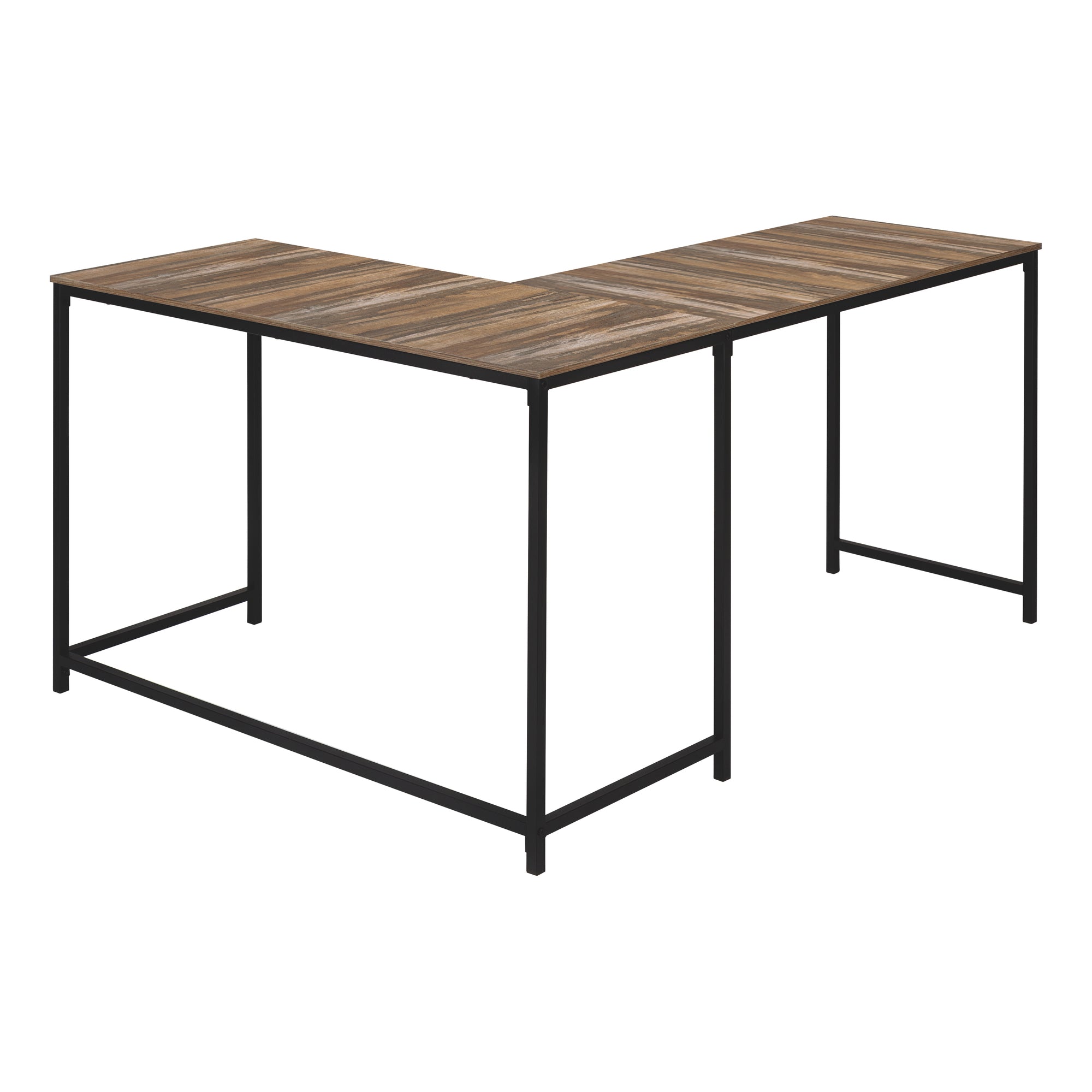MN-J107391    Computer Desk ,L-Shaped, Corner, Metal Base, 58"L X 44"W,  Brown Reclaimed Wood-Look ,Black
