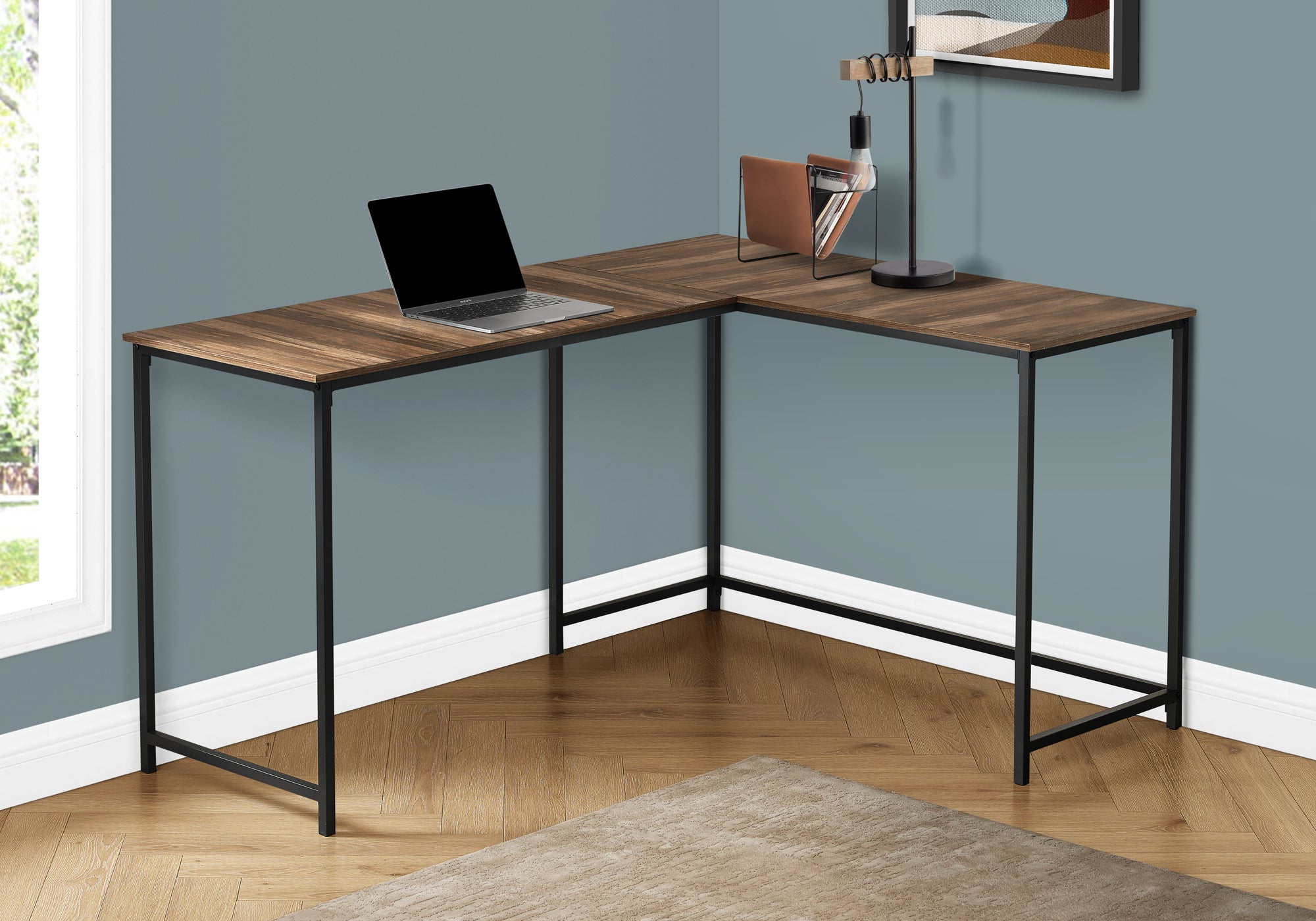 MN-J107391    Computer Desk ,L-Shaped, Corner, Metal Base, 58"L X 44"W,  Brown Reclaimed Wood-Look ,Black