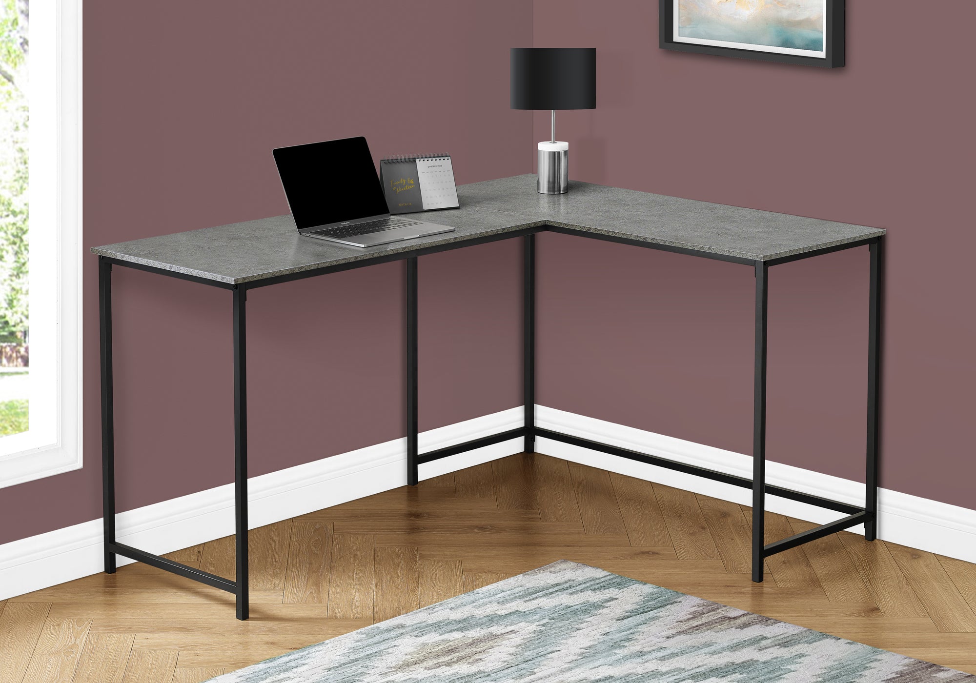 MN-987392    Computer Desk, Home Office, Corner, 58"L, L Shape, Work, Laptop, Grey Laminate, Black Metal, Contemporary, Modern