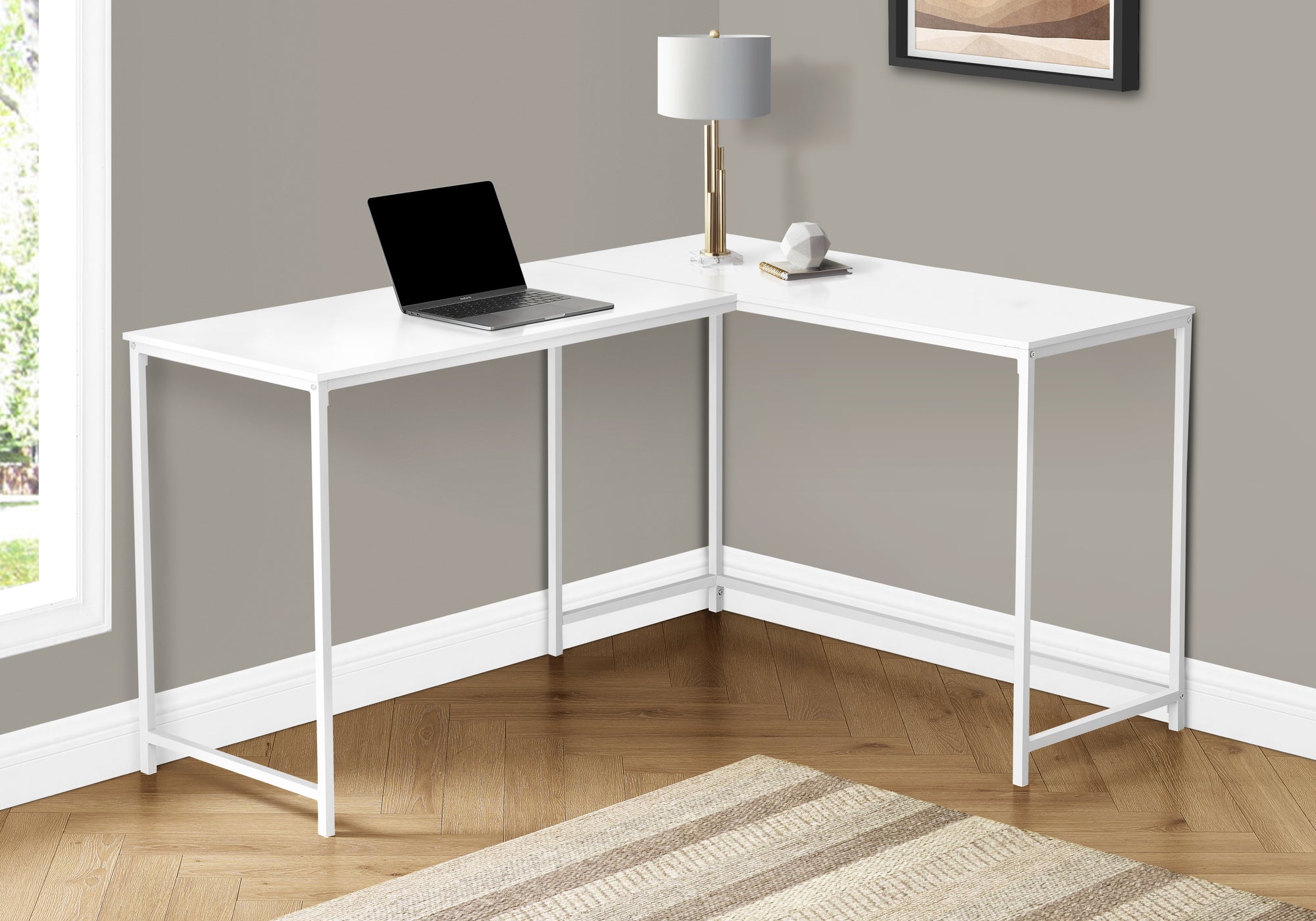 MN-J107395    Computer Desk - L-Shaped / Corner / Metal Base - 58"L X 44"W - White / White