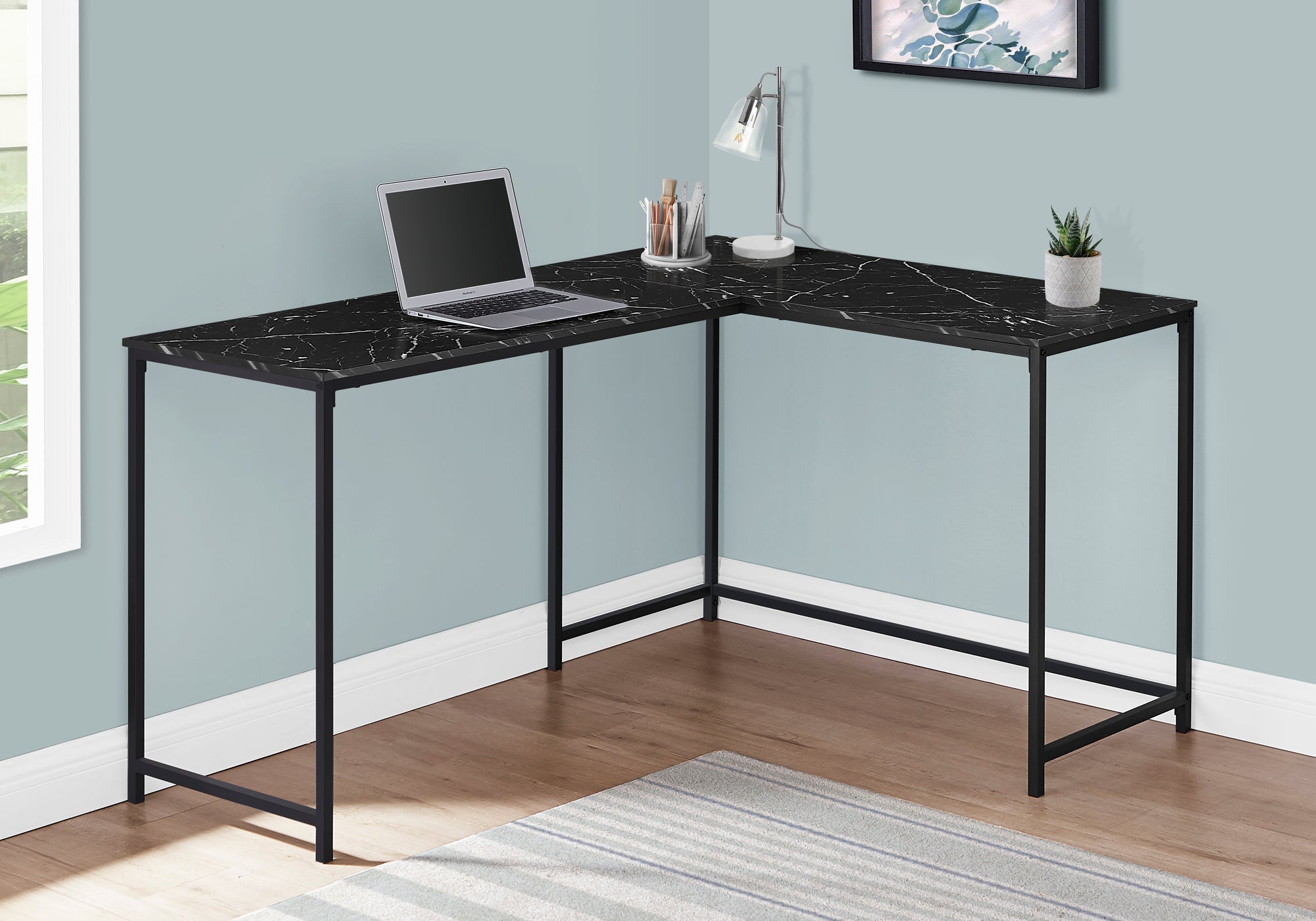 MN-127396    Computer Desk, Home Office, Corner, 58"L, L Shape, Work, Laptop, Black Marble Look Laminate, Black Metal, Contemporary, Modern