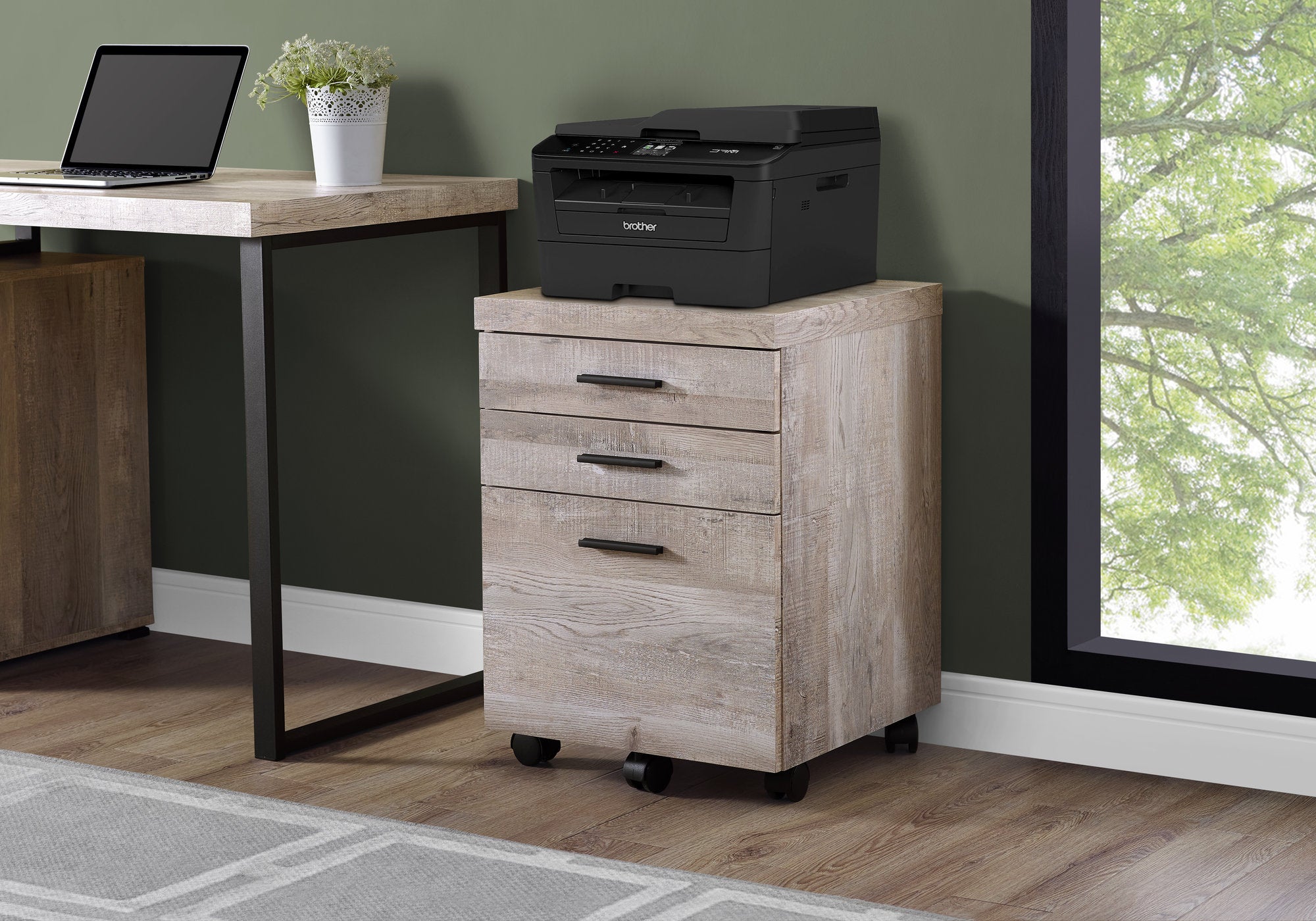 MN-687402    File Cabinet, Rolling Mobile, Storage, Printer Stand, Wood File Cabinet, Office, Mdf, Taupe Reclaimed Wood Look, Black, Contemporary, Modern