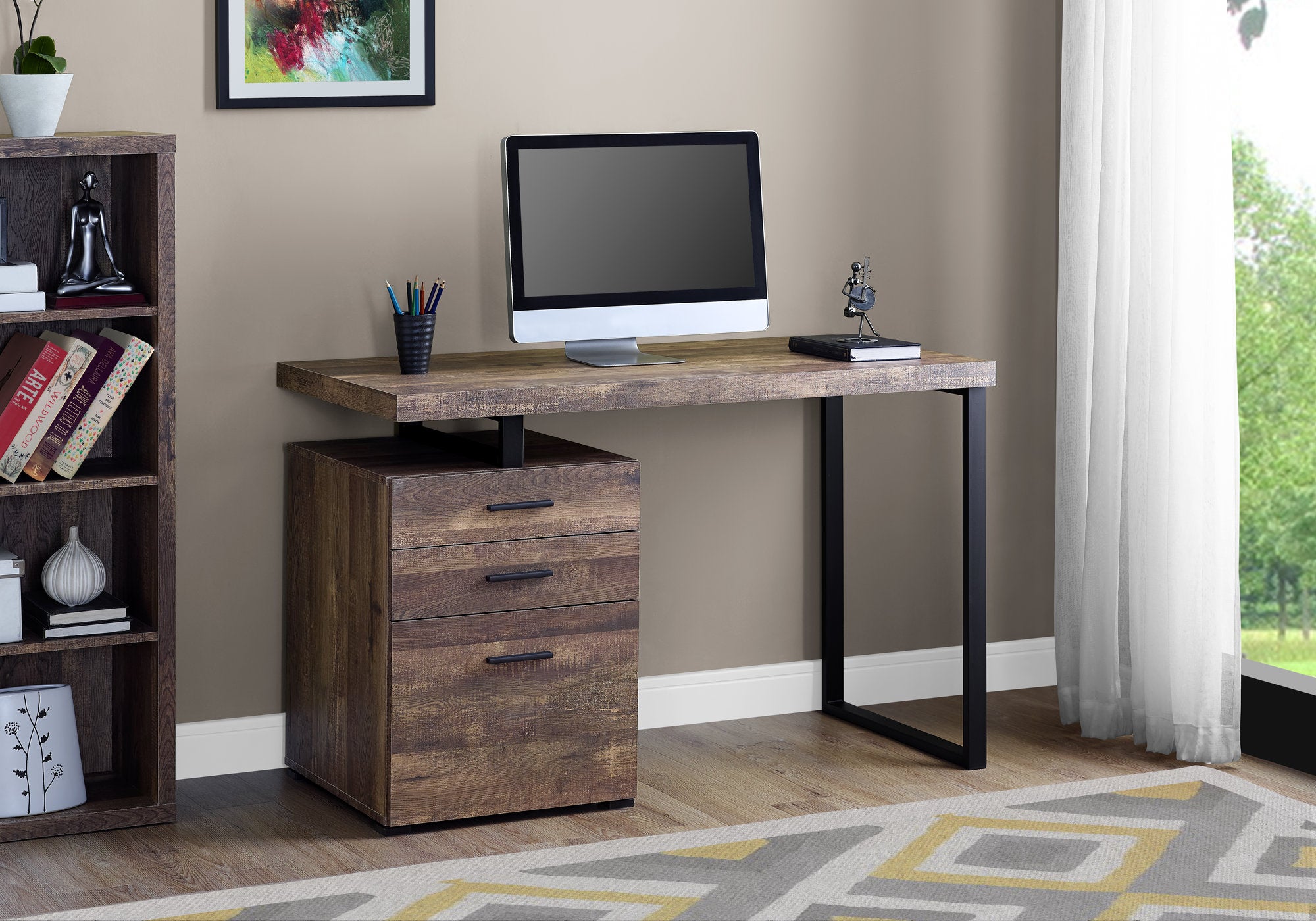 MN-747408    Computer Desk, Home Office, Laptop, Left, Right Set-Up, Storage Drawers, 48"L, Metal, Laminate, Brown Reclaimed Wood Look, Black, Contemporary, Modern