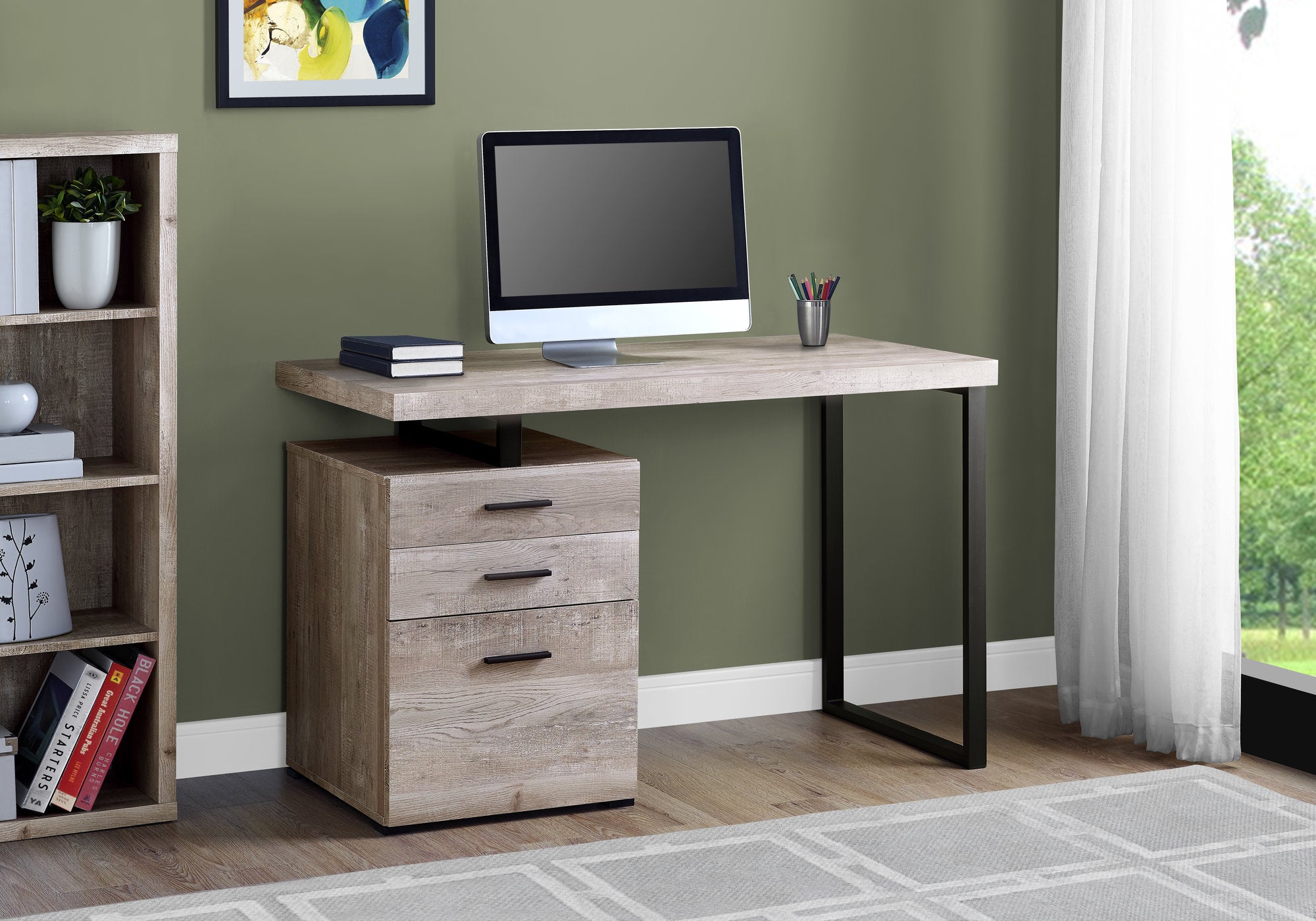 MN-767410    Computer Desk, Home Office, Laptop, Left, Right Set-Up, Storage Drawers, 48"L, Metal, Laminate, Taupe Reclaimed Wood Look, Black, Contemporary, Modern