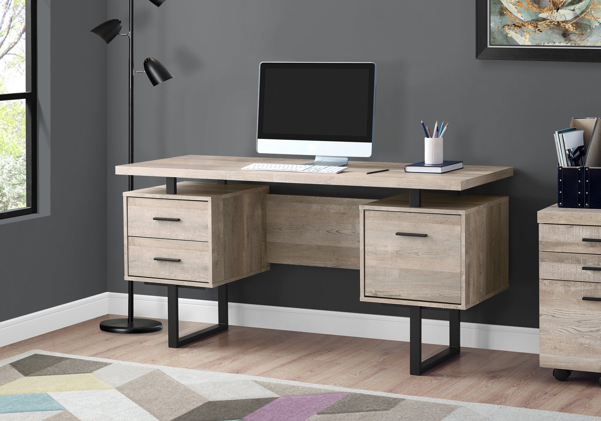 MN-847418    Computer Desk, Home Office, Laptop, Left, Right Set-Up, Storage Drawers, 60"L, Metal, Laminate, Taupe Reclaimed Wood Look, Black, Contemporary, Modern