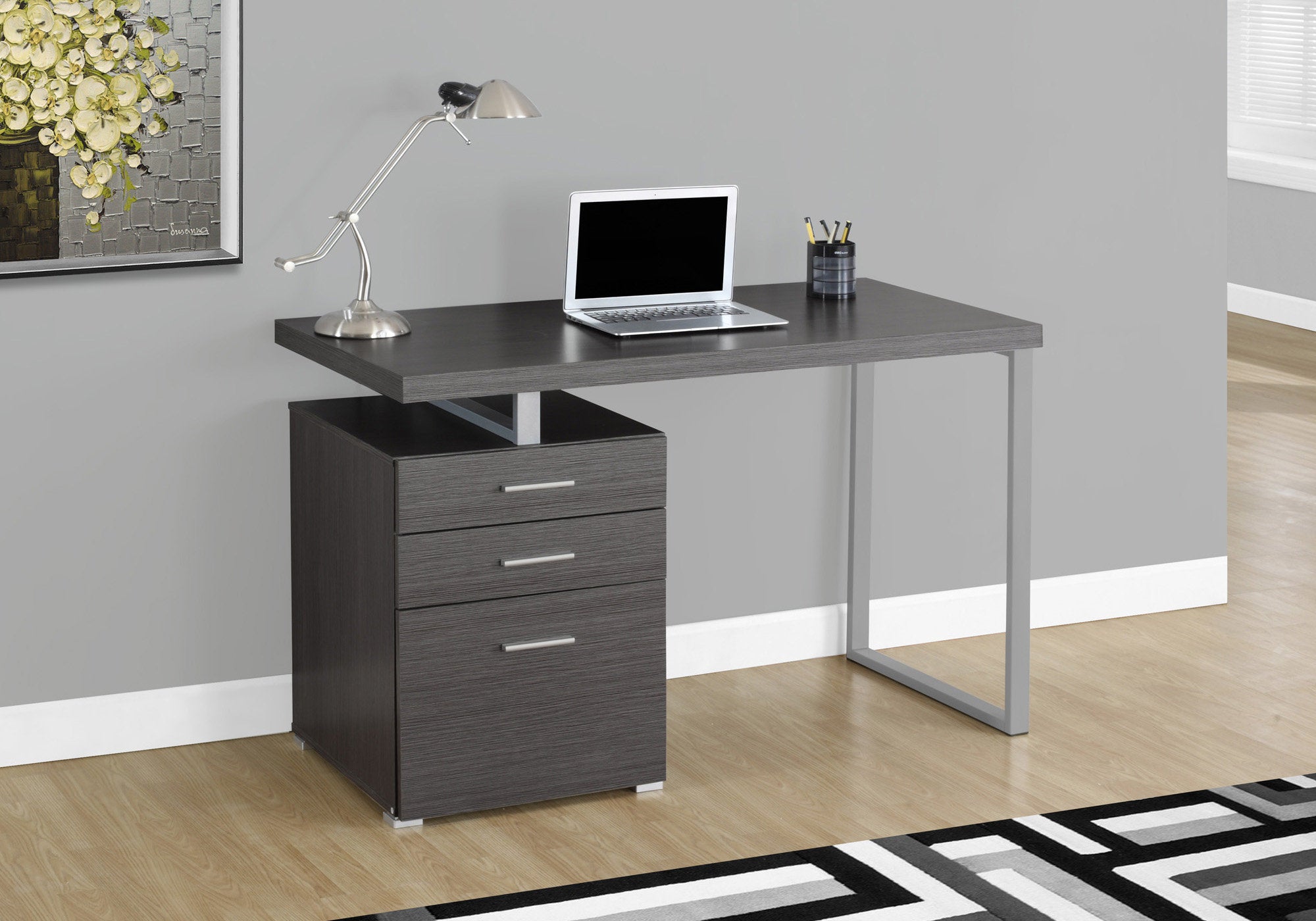 MN-897426    Computer Desk, Home Office, Laptop, Left, Right Set-Up, Storage Drawers, 48"L, Metal, Laminate, Grey, Silver, Contemporary, Modern