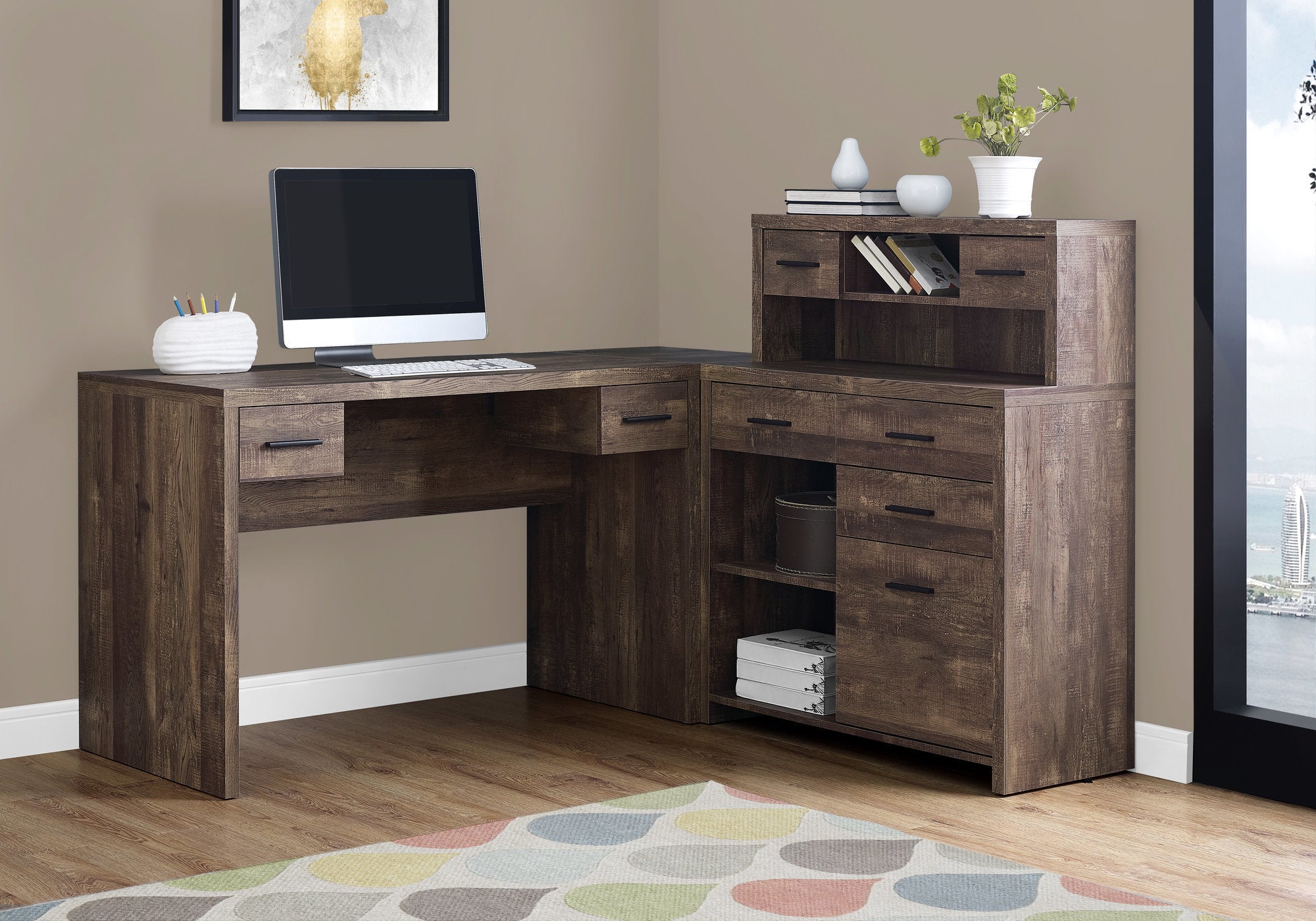 MN-907427    Computer Desk, Home Office, Corner, Left, Right Set-Up, Storage Drawers, L Shape, Laminate, Brown Reclaimed Wood Look, Contemporary, Modern