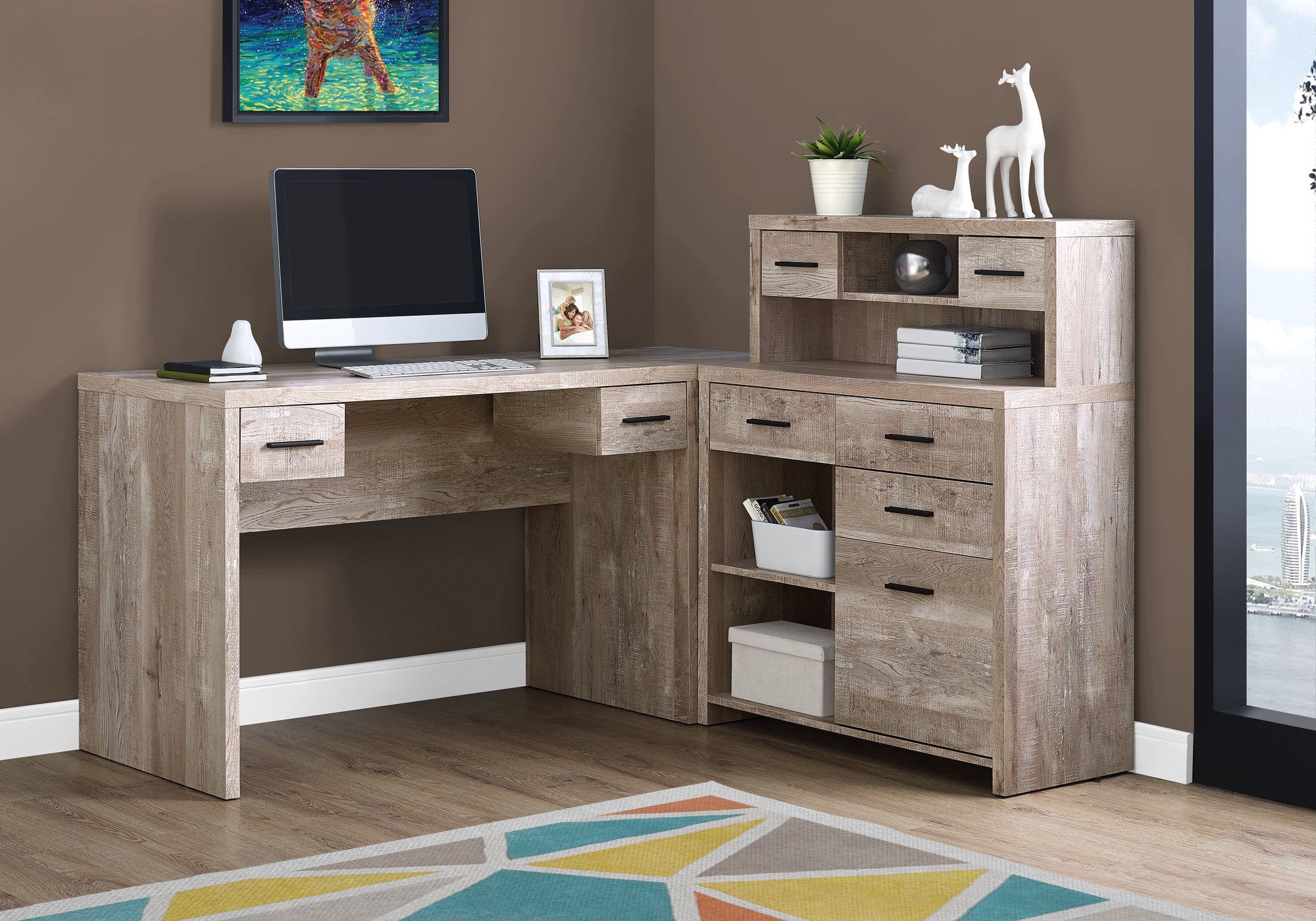 MN-927429    Computer Desk, Home Office, Corner, Left, Right Set-Up, Storage Drawers, L Shape, Laminate, Taupe Reclaimed Wood Look, Black, Contemporary, Modern