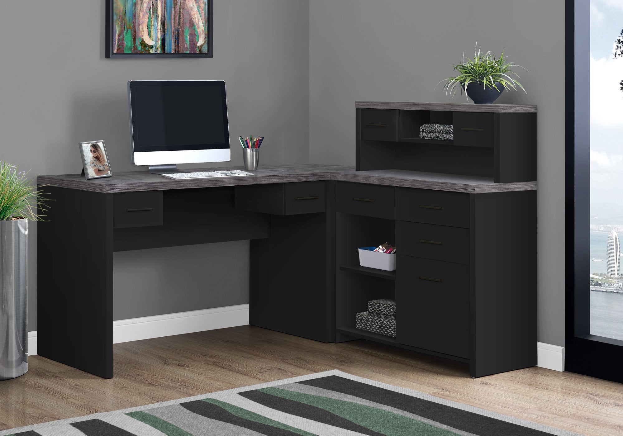 MN-937430    Computer Desk, Home Office, Corner, Left, Right Set-Up, Storage Drawers, L Shape, Laminate, Black, Grey, Contemporary, Modern