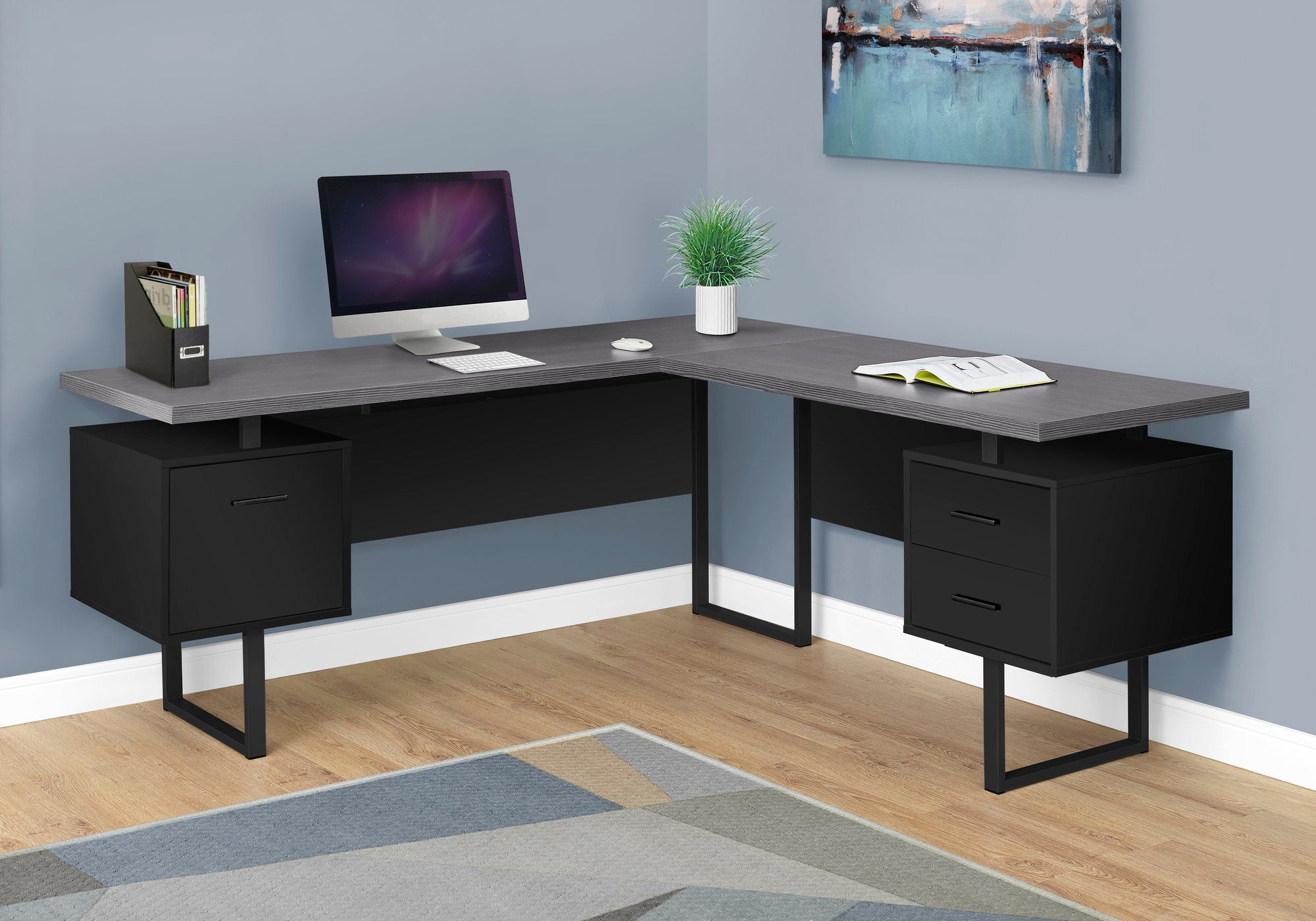MN-957432    Computer Desk, Home Office, Corner, Left, Right Set-Up, Storage Drawers, 70"L, L Shape, Metal, Laminate, Black, Grey, Contemporary, Modern