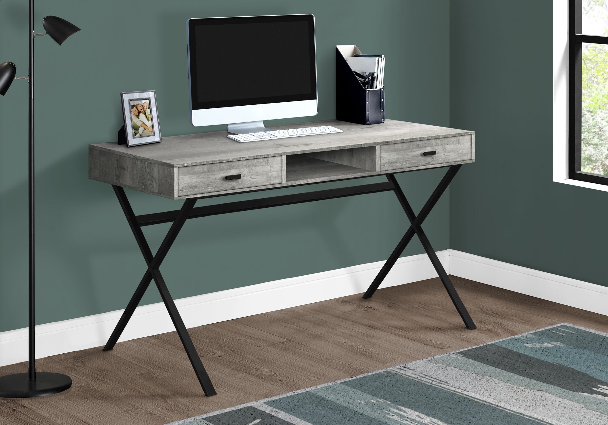 MN-167448    Computer Desk, Home Office, Laptop, Storage Drawers, 48"L, Metal, Laminate, Grey Reclaimed Wood Look, Black, Contemporary, Modern