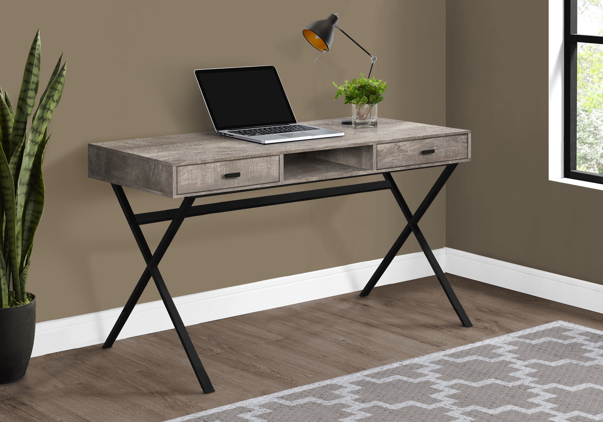 MN-177449    Computer Desk, Home Office, Laptop, Storage Drawers, 48"L, Metal, Laminate, Taupe Reclaimed Wood Look, Black, Contemporary, Modern